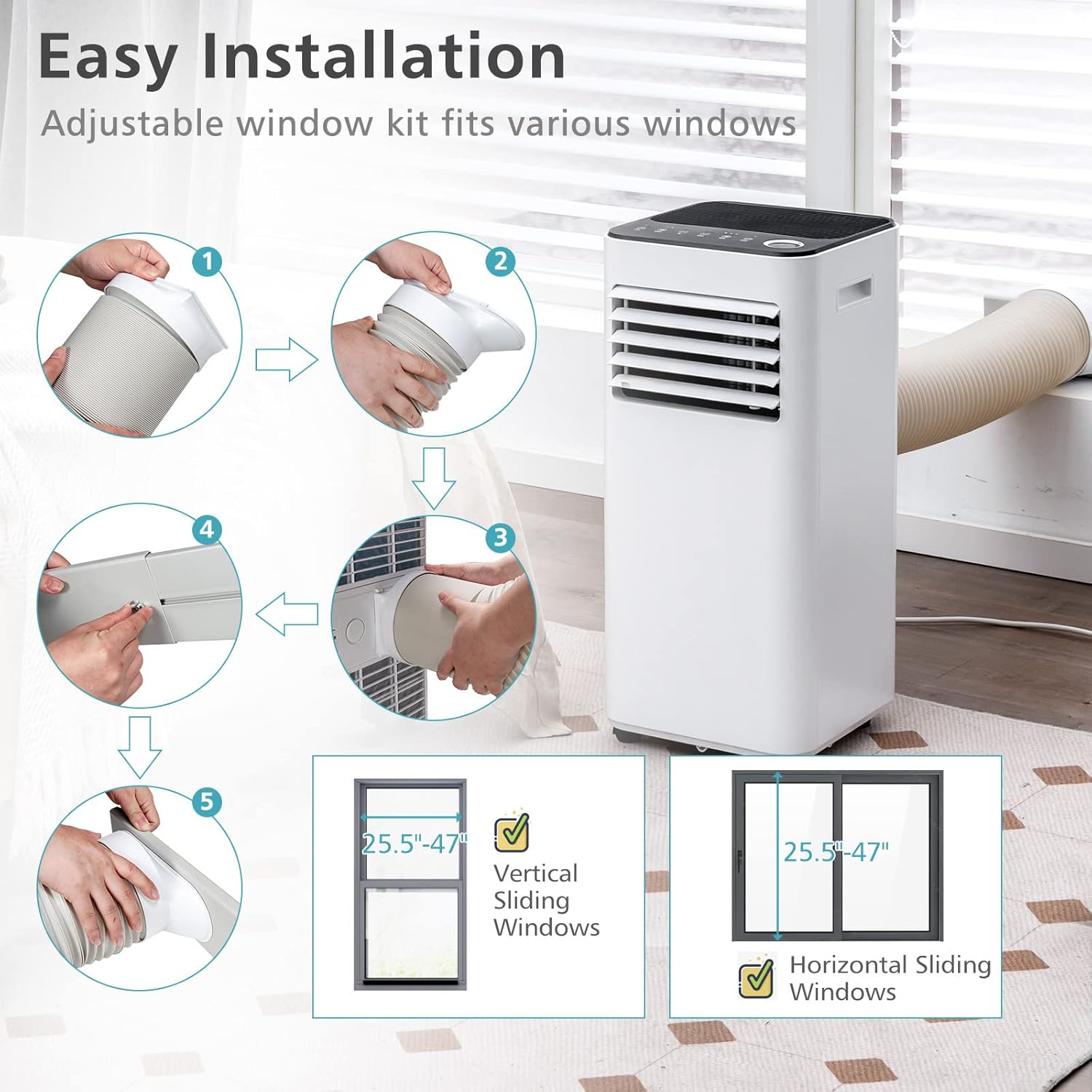 KOTEK Portable Air Conditioner for Room up to 250 Sq. Ft, 8000 BTU 3-in-1 AC Unit for Bedroom with Dehumidifier/Fan/Cool/Sleep Mode, Remote Control/Window Kit, Portable AC for Office (White-8000BTU)