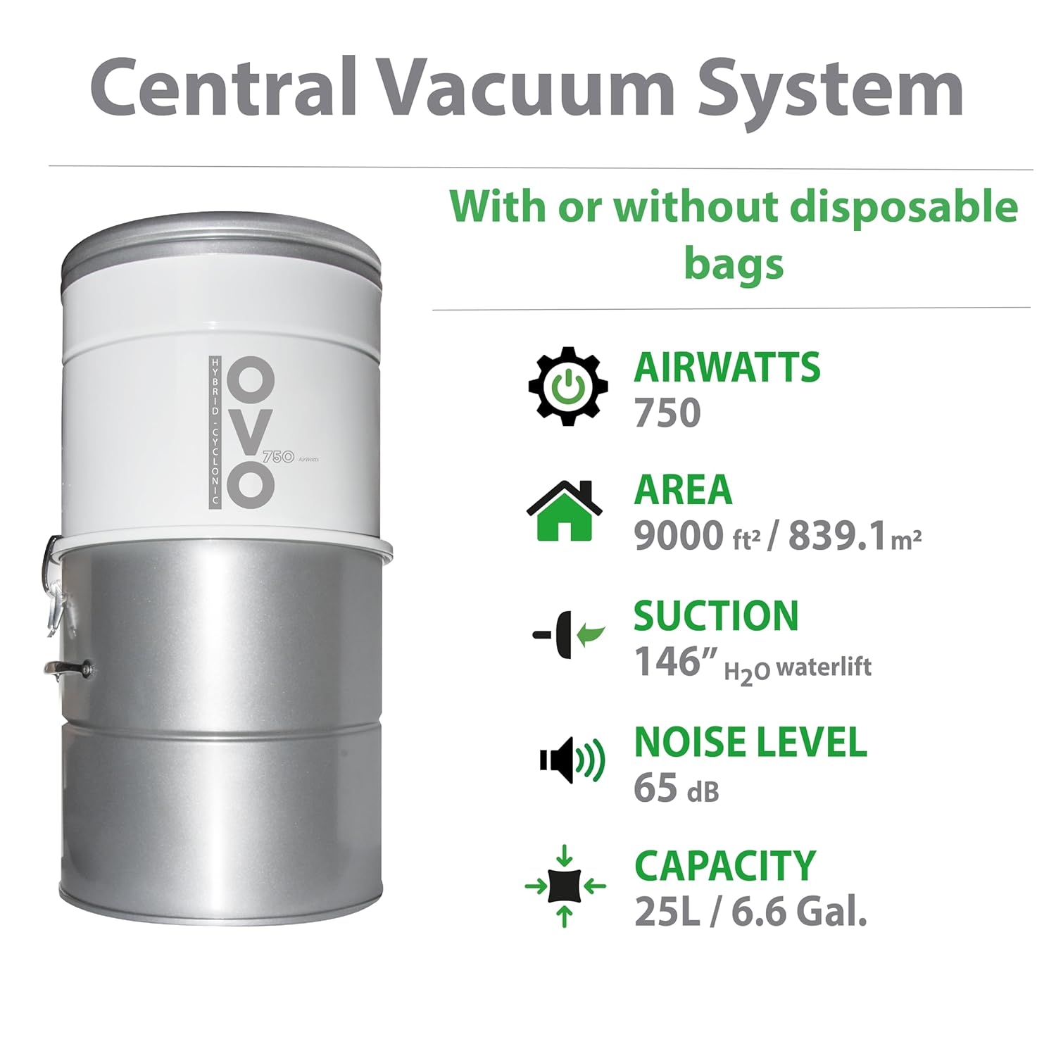 OVO 750 Airwatts Heavy Duty Powerful Central Vacuum System, Hybrid Filtration (with or Without Disposable Bags) 25L or 6.6Gal, 40ft Carpet Deluxe Accessory kit Included
