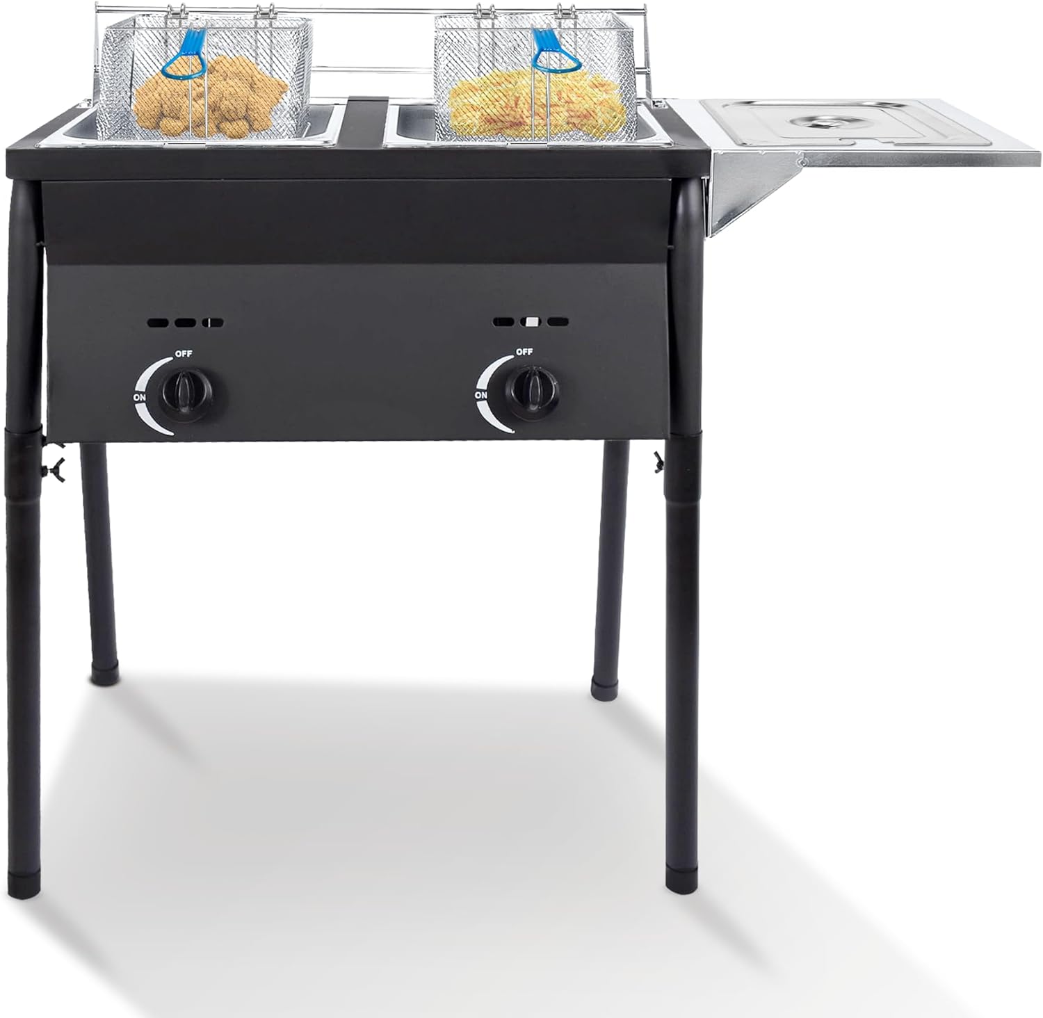 Two Tank Outdoor Deep Fryer with Baskets | Propane Deep Fryer with 2 Stainless Steel Basket & Lid Covers | Large Oil Tank Capacity with Regulating Knobs (Black)