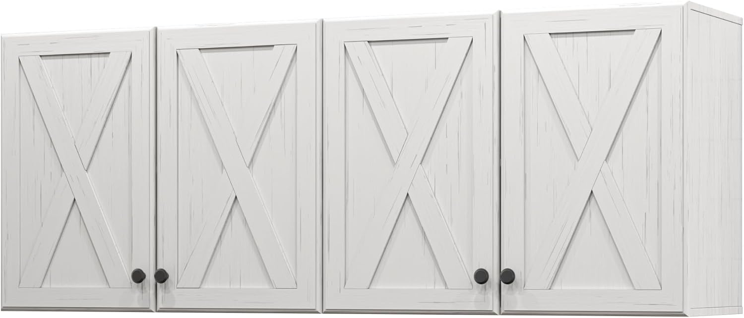 Wall Storage Cabinets - Farmhouse Kitchen Laundry Wall Mounted Cabinets with 4 Doors and Shelves, in White with Grain, 24'Wx2Pcs