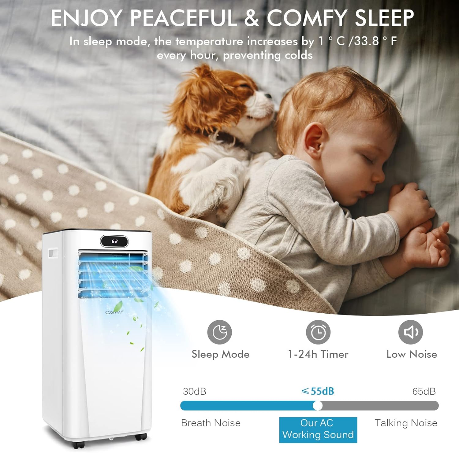 COSTWAY 10000BTU Portable Air Conditioner, with Drying, Fan, Sleep Mode, 2 Speeds, 24H Timer, Cools Room up to 350 Sq. ft, for Room & Office, Window Kit Included (Dark and White)