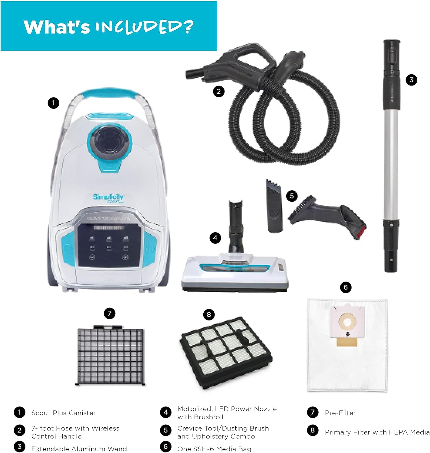 Simplicity Vacuums Scout Plus Canister Vacuum Cleaner, Vacuum Cleaner Carpet and Floor Sweeper with Multifunction Digital Control Panel and Extendable Wand