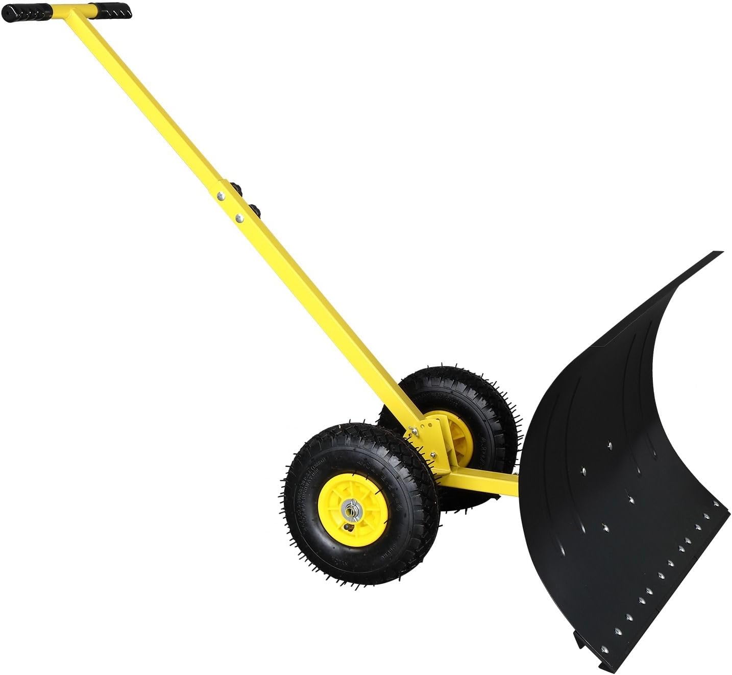 Heavy Duty Steel Snow Shovel with Wheels Adjustable Handle and Anti-Scratch Plate - High Capacity Snow Pusher for Driveway & Sidewalk