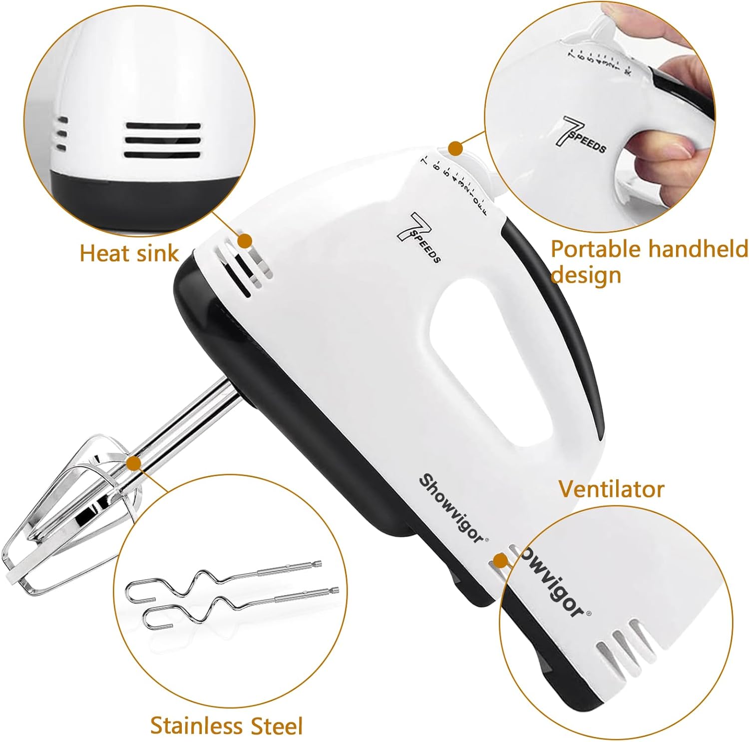 Electric Hand mixer - 7 Adjustable Speed 180W Handheld Mixer Electric Whisk with 5 Stainless Steel Accessories, Turbo Boost/Self-Control Speed + Eject Button Food Beater for Cakes Eggs