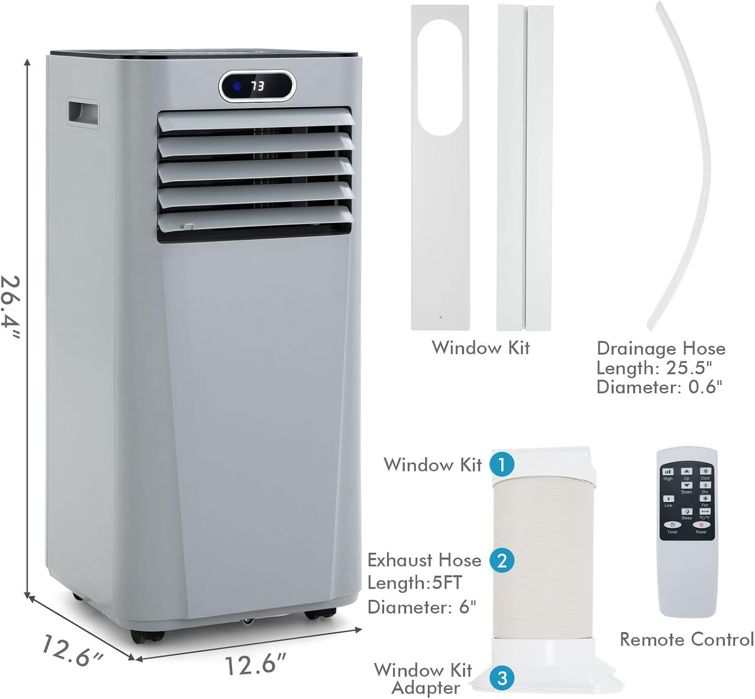 LDAILY Portable Air Conditioner, 8000 BTU for Rooms up to 230 sq.ft, 3-in-1 Evaporative Air Cooler w/Dehumidifying Fan & Remote Control, Sleep Mode, 24H Timer & LED Display (10000 BTU, Grey)