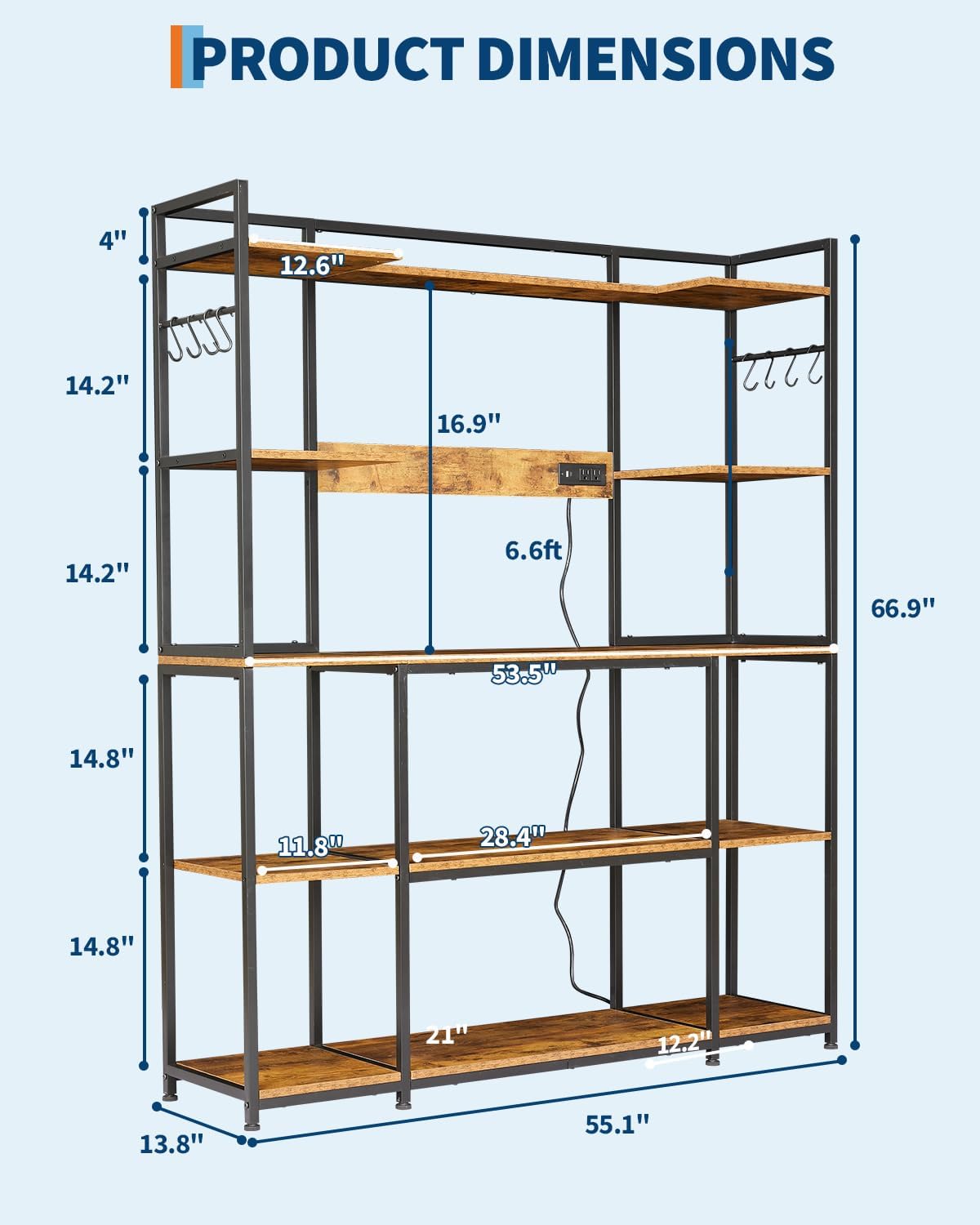 Garvee Kitchen Bakers Rack with Power Outlet 55 * 66inch, Microwave Oven Stand with Storage 4 Tiers, Coffee Bar Table with 6 S Hooks, Kitchen Storage Shelf Rack for Spices, Pots, Rustic Brown