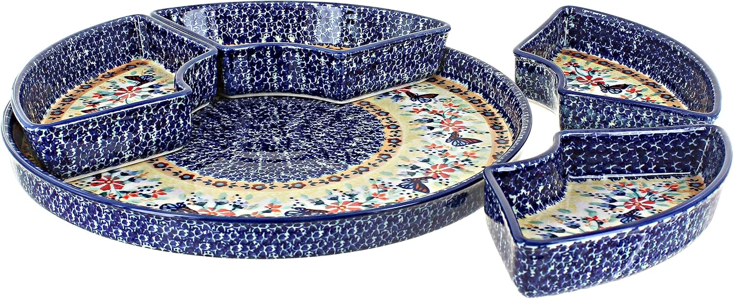 Blue Rose Polish Pottery Blue Butterfly Tray with 4 Plates