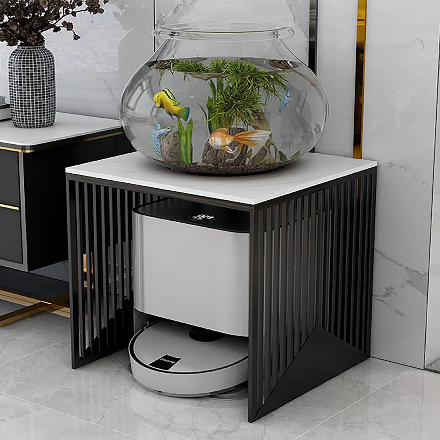 Metal Robot Vacuum Storage Cabinet, Sweeping Cleaner Rack, Floor Side Table Storage Stand, Fish Tank Shelf Cabinet, Slate Tabletop, Paint Finish(Black,80cm/31.5in)