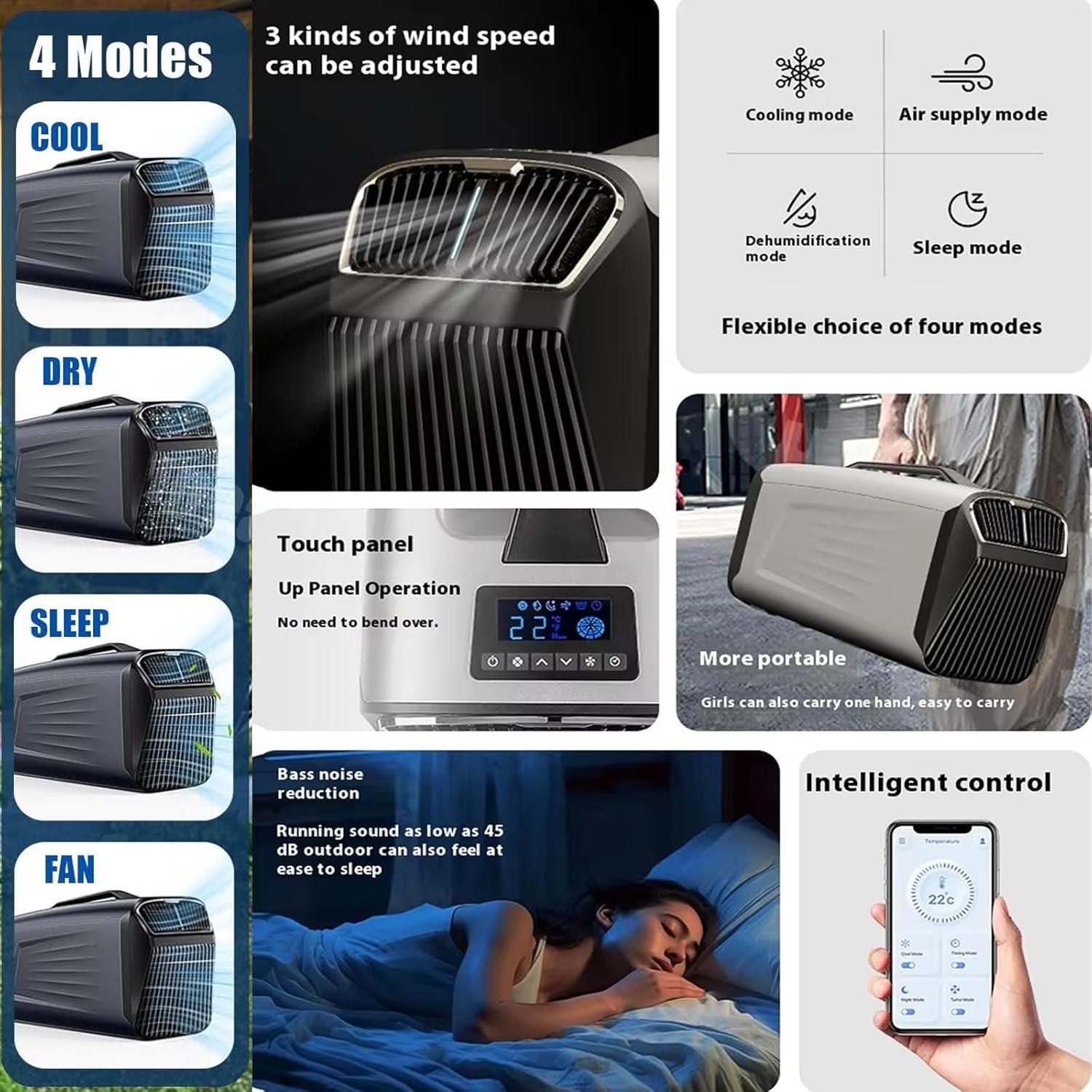 Portable Air Conditioner 5400BTU Cooling&5600BTU Heating,4-in-1 AC Unit with Dehumidifier/Cooler/Fan/Sleep, Low Power Consumption Portable Air Conditioner for Camping Tent,RVs or Home ,Black