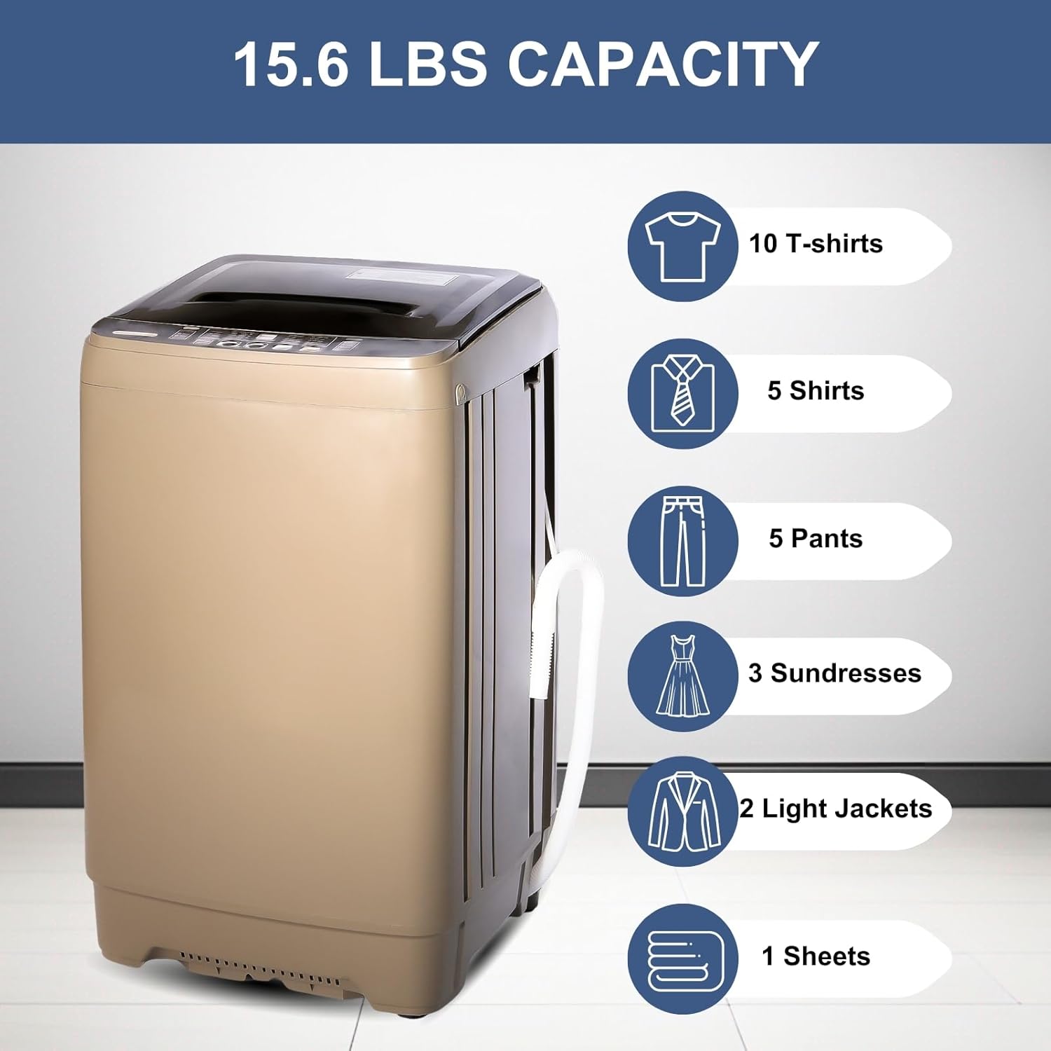 Washing Machine 15.6 LBS Automatic Laundry Machine with 10 Programs, LED Display, 8 Water Levels, High-efficiency Compact Washer for Apartment, RV, Dorm