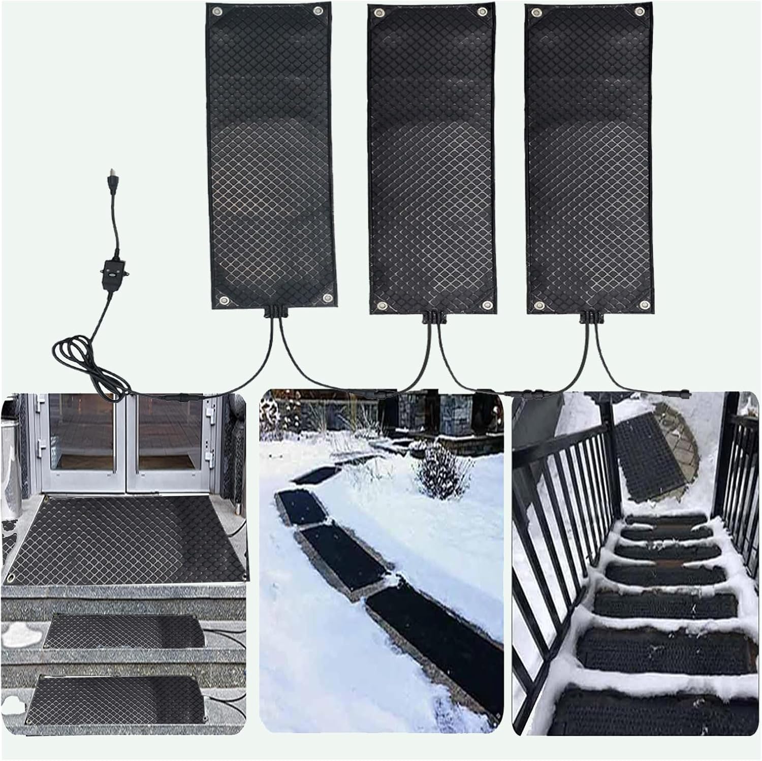 Heated Snow Melting mat Outdoor,PVC Rubber Ice Melting Mat,Non-Slip Speed Snow and Ice Heated Driveway Pad,Suitable for Winter Outdoor Stair Steps Doorway Walkway Driveway,3 pcs,9.8in x 4.9ft