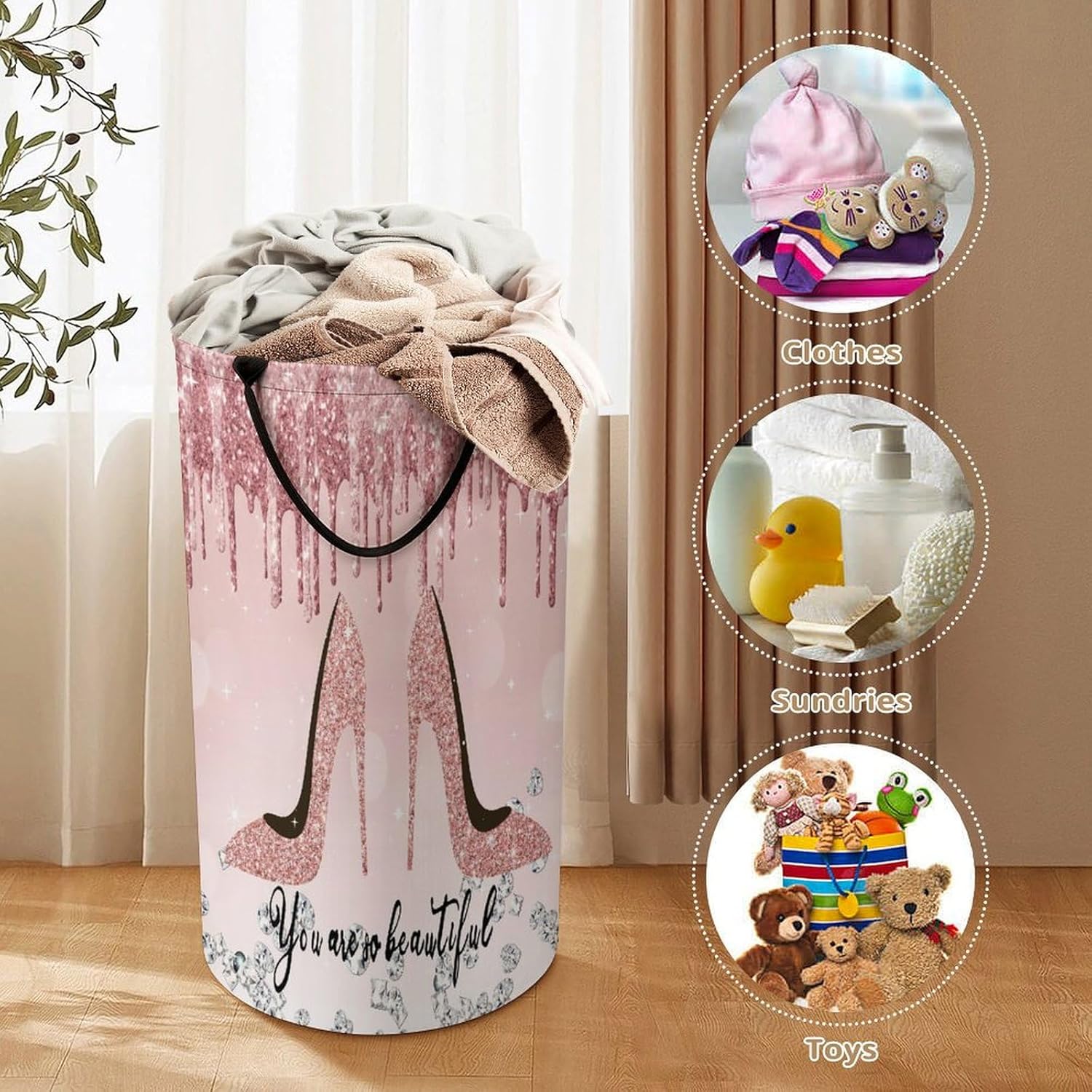 Pink And High Heel Laundry Hamper Dirty Clothes,High Heels Shoe Feminine Glitter Pattern Large Laundry Basket Storage Basket For Bathroom 15.7W