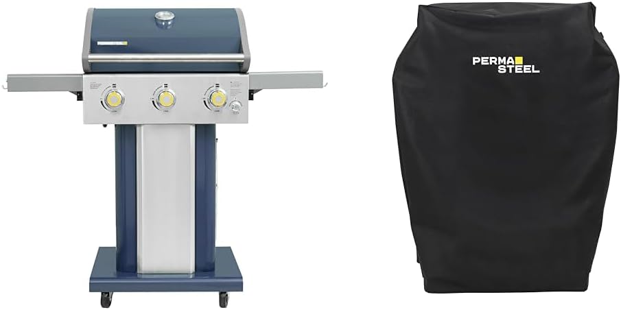 Permasteel 3-Burner 30,000 BTU Gas Grill with 33 Burgers Cooking Capacity, Grill Cover for 2-3 Burner Grills, Azure