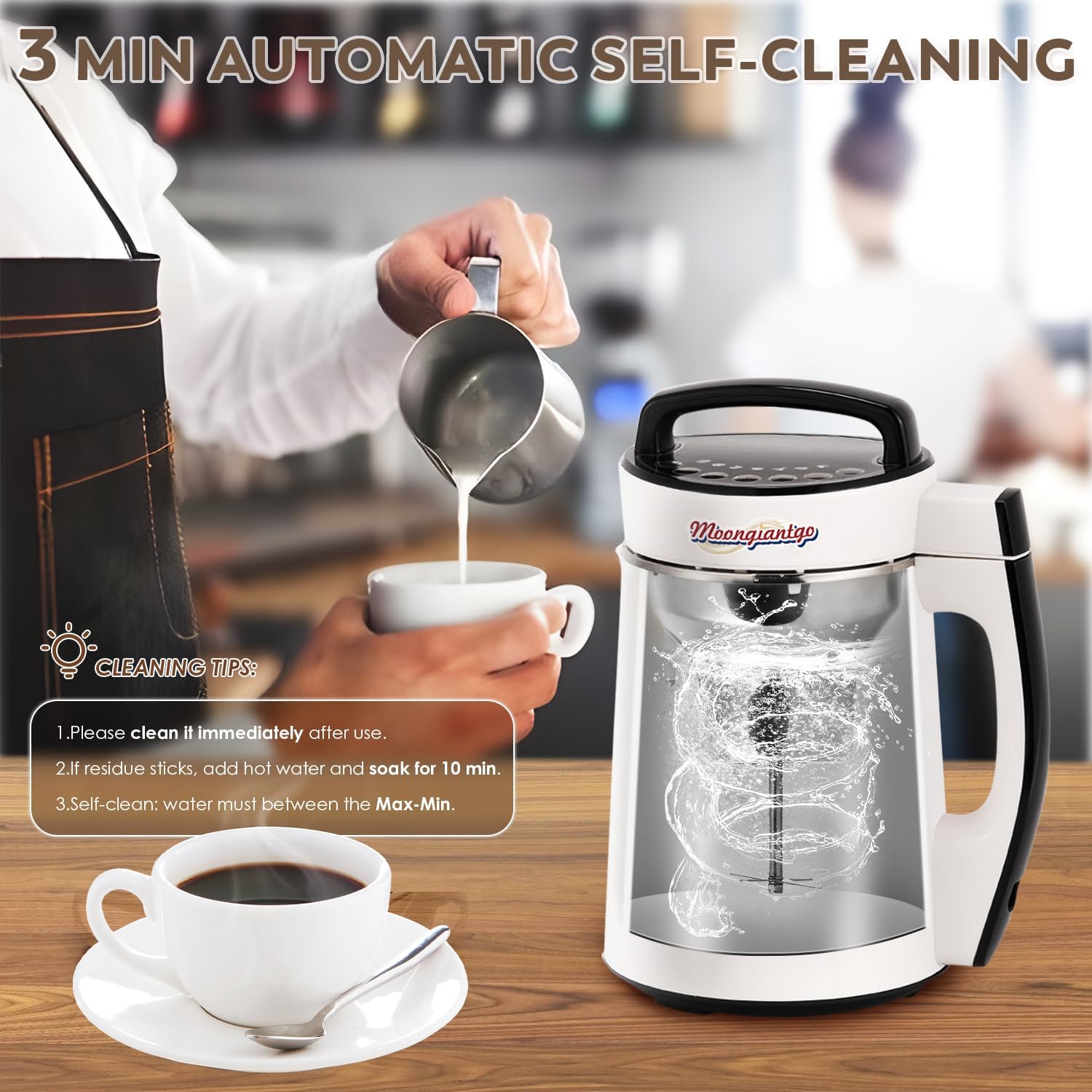 Moongiantgo Automatic Soy Milk Maker 37.2oz 1100ml, 8 in 1 Nut Milk Maker with Self-Cleaning/Boil Water/Recipe, Homemade Almond Milk Machine, Plant Based Milk, Juice Beverages Maker, 110V