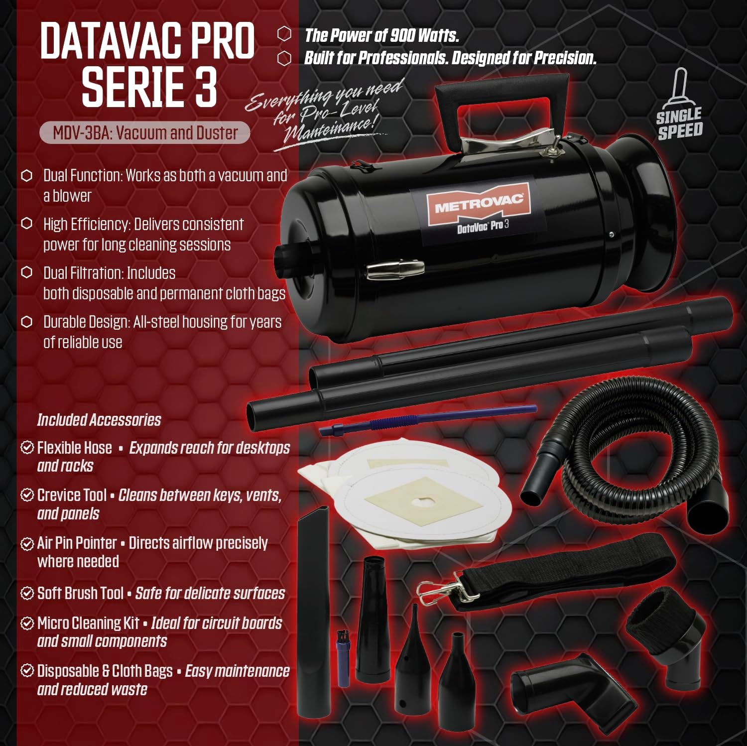 METROVAC DataVac Pro Series 3 MDV-3BA, 900W Handheld Vacuum/Blower with Single Speed Control, Filter, Disposable Bag & Permanent Cloth Bag