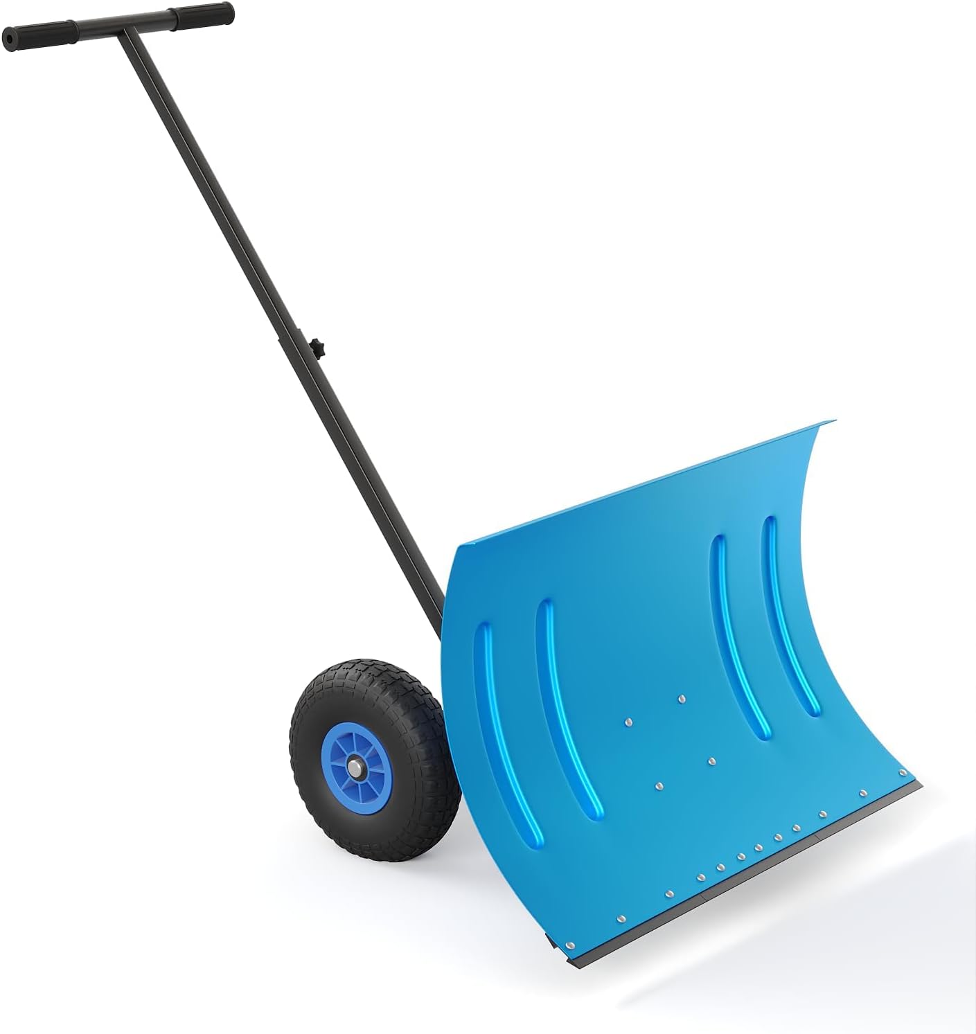 Single Rod Snow Shovel with Wheels, 20 * 29 Inch Heavy Duty Steel Snow Pusher, Adjustable 5-Position Angle & Height Handle, Durable Snow Remover for Driveway, Sidewalks, Yards & Patios, Blue