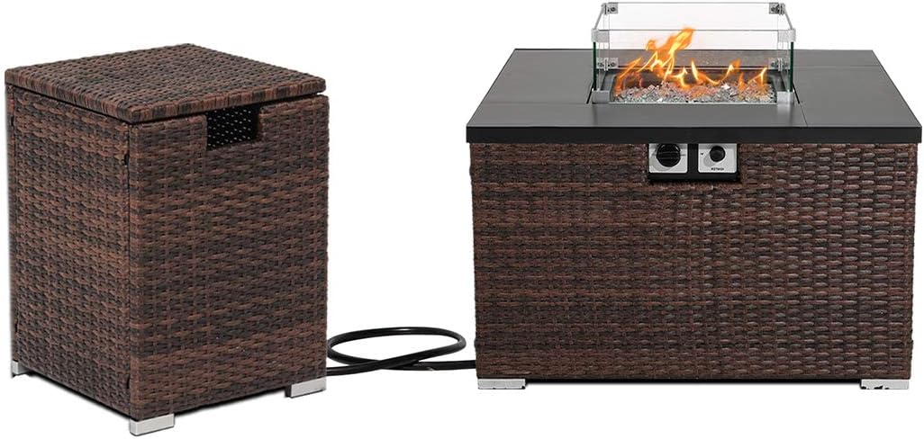 AQUILLA Outdoor Propane Burning Fire Pit w Tank Table, Dark Brown Rattan 40000 BTU, Free Lava Rocks, Waterproof Cover for Garden, Backyard, Poolside