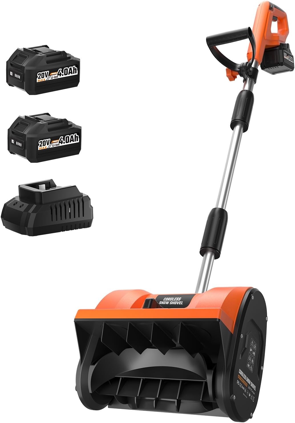 Snow Shovel Cordless, 20V | 12 Inch Electric Snow Blower with 2 X 4.0Ah Replaceable Batteries & Fast Charger Up to 50 Mins, Electric Shovel with Directional Plate & Adjustable Front Handle