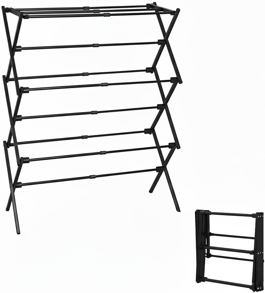 3-Tier Metal Folding Clothes Drying Rack, Laundry Drying Rack Clothing | Collapsible Dryer Racks for Laundry | Indoor & Outdoor,Black