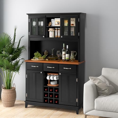 72.5” Buffet with Hutch, Freestanding Pantry Storage Cabinet with Drawers, Adjustable Shelves, Wine Grids, Microwave Countertop, Kitchen Cupboard for Dining Room, Living Room (Black)