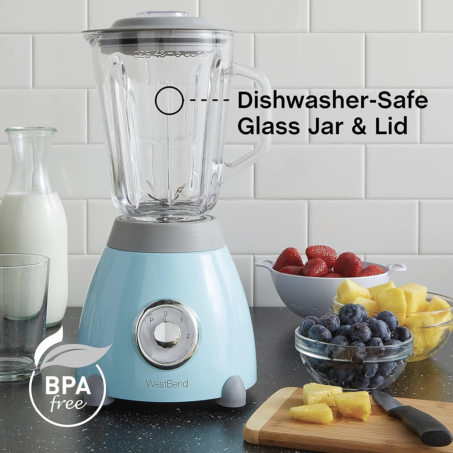 West Bend Blender Retro-Styled 3 Speeds with 48 oz Glass Blending Jar and Stainless Steel Blade, 500-Watts, Blue