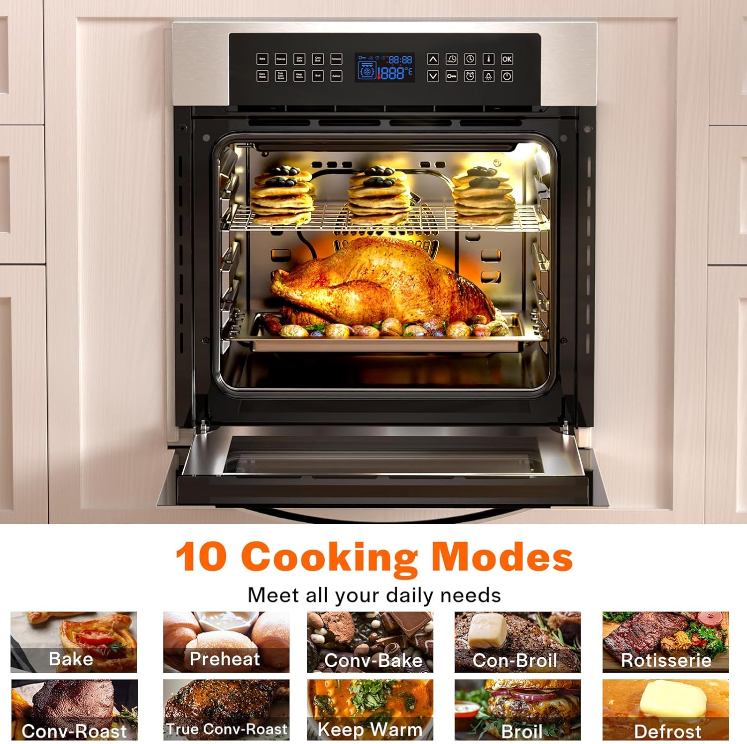 Empava 24 Inch Electric Single Wall Oven with 10 Cooking Modes, Convection Fan and Rotisserie, Screen Touch Control, Stainless Steel