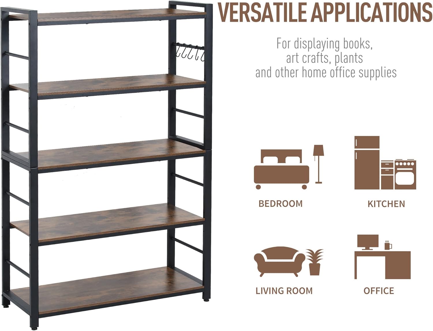 5-Tiers Bakers Rack,Microwave Oven Stand with Shelves,5 Tier Utility Storage Shelf with 5 Hooks,Multifunctional Shelf for Kitchen,Bathroom,Livingroom,Storehouse...