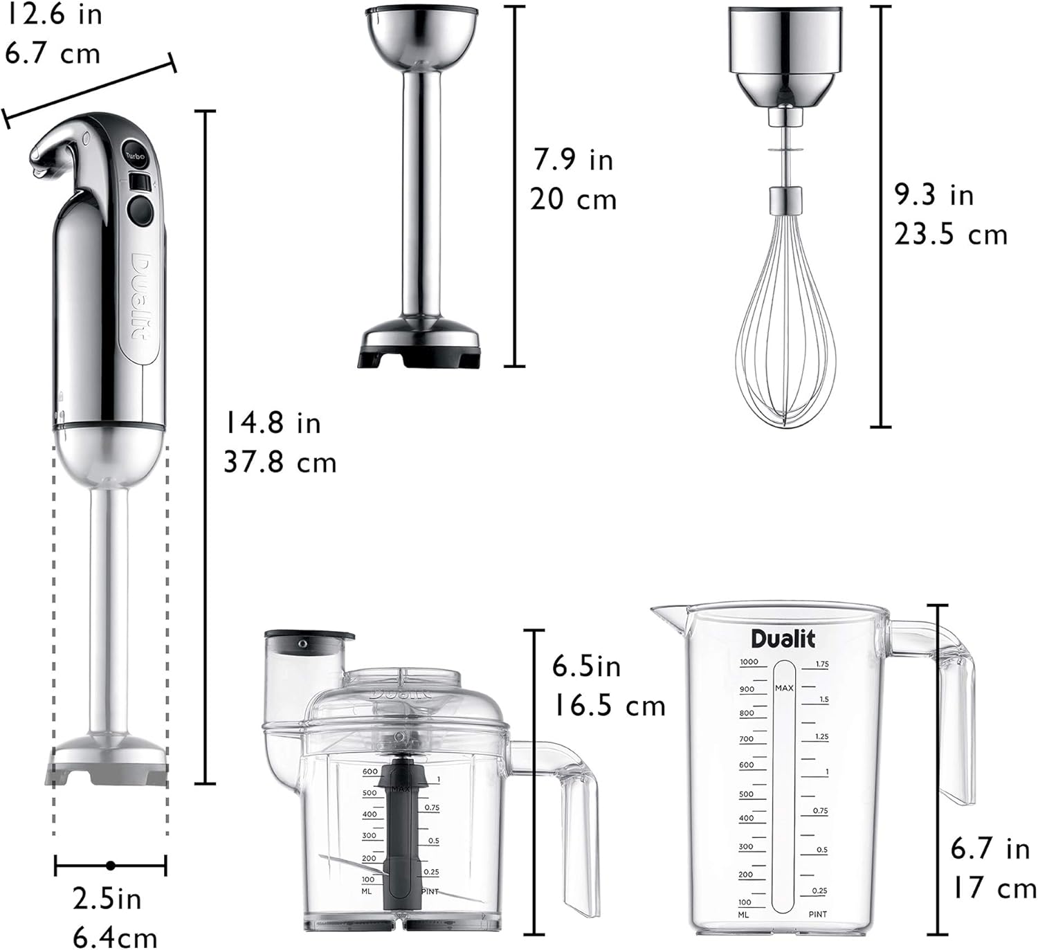 Dualit Immersion Blender Set | Immersion Blender with Chopping Bowl, Whisk & 35.1 fl oz Measuring Jug | 700W with Turbo Speed | Chrome
