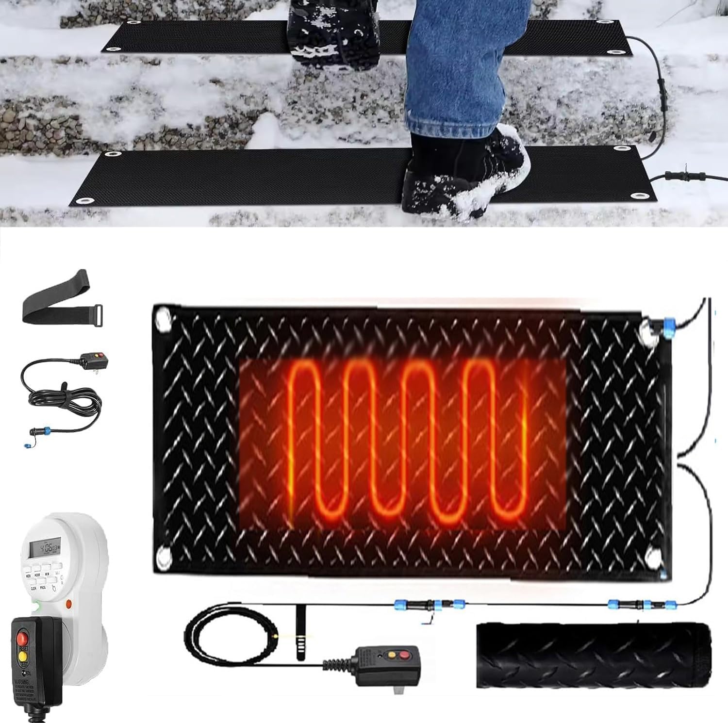 Snow Melting Mats with Timer, 1/2/3/4/5 Pcs Non Slip Heated Mat for Entrances Electric Heated Floor mat Snowmelt Heated Walkway Mats for Winter Snow Removal Stair Sidewalk Heated(1 Pcs,12x36in