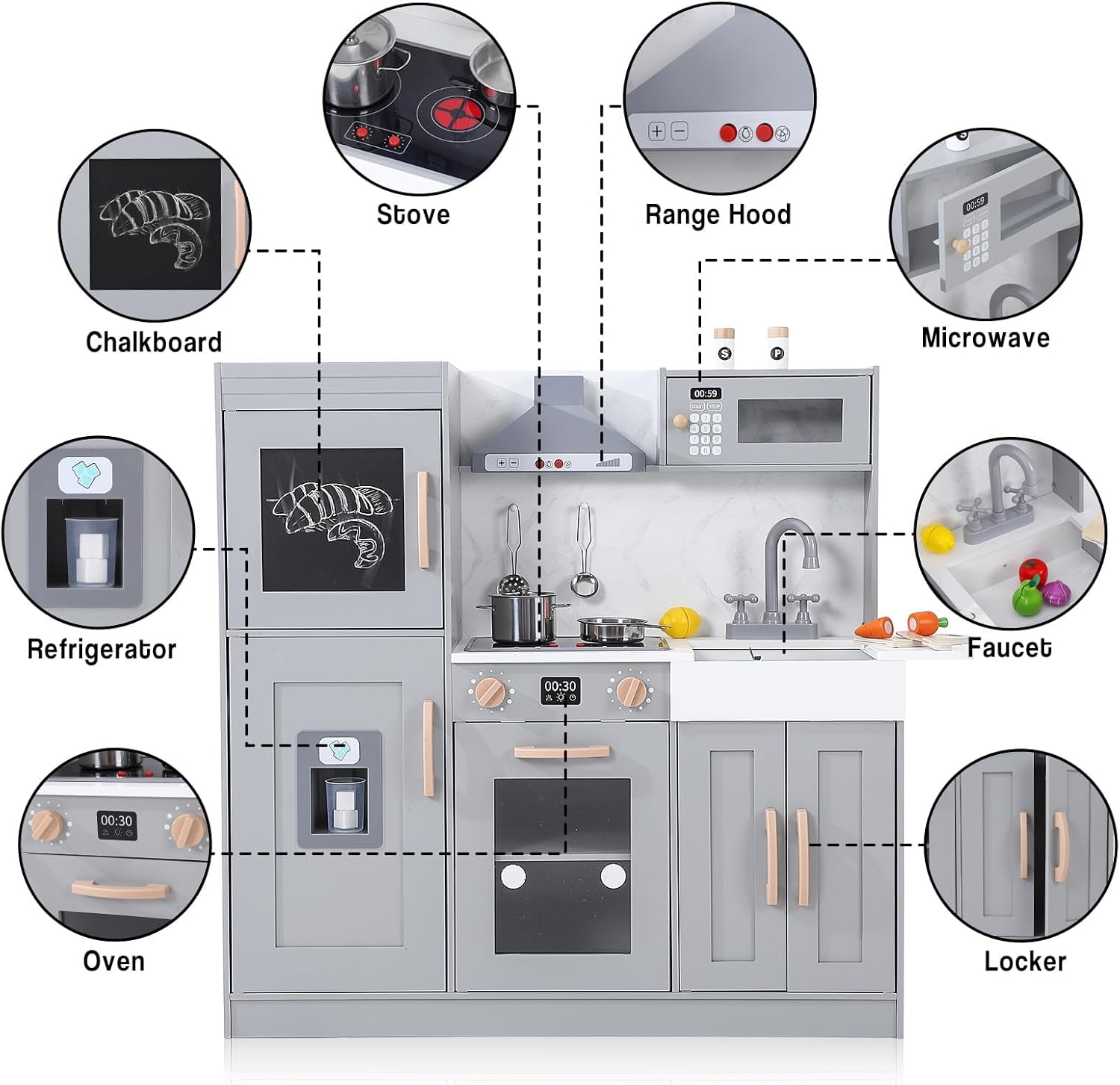 CABIHOME Wooden Play Kitchen Set with Cookware Accessories, Real Lights & Sounds, Include Microwave, Oven, Sink, Pretend Play Kitchen for 3+ Chef Pretend Play, Gray