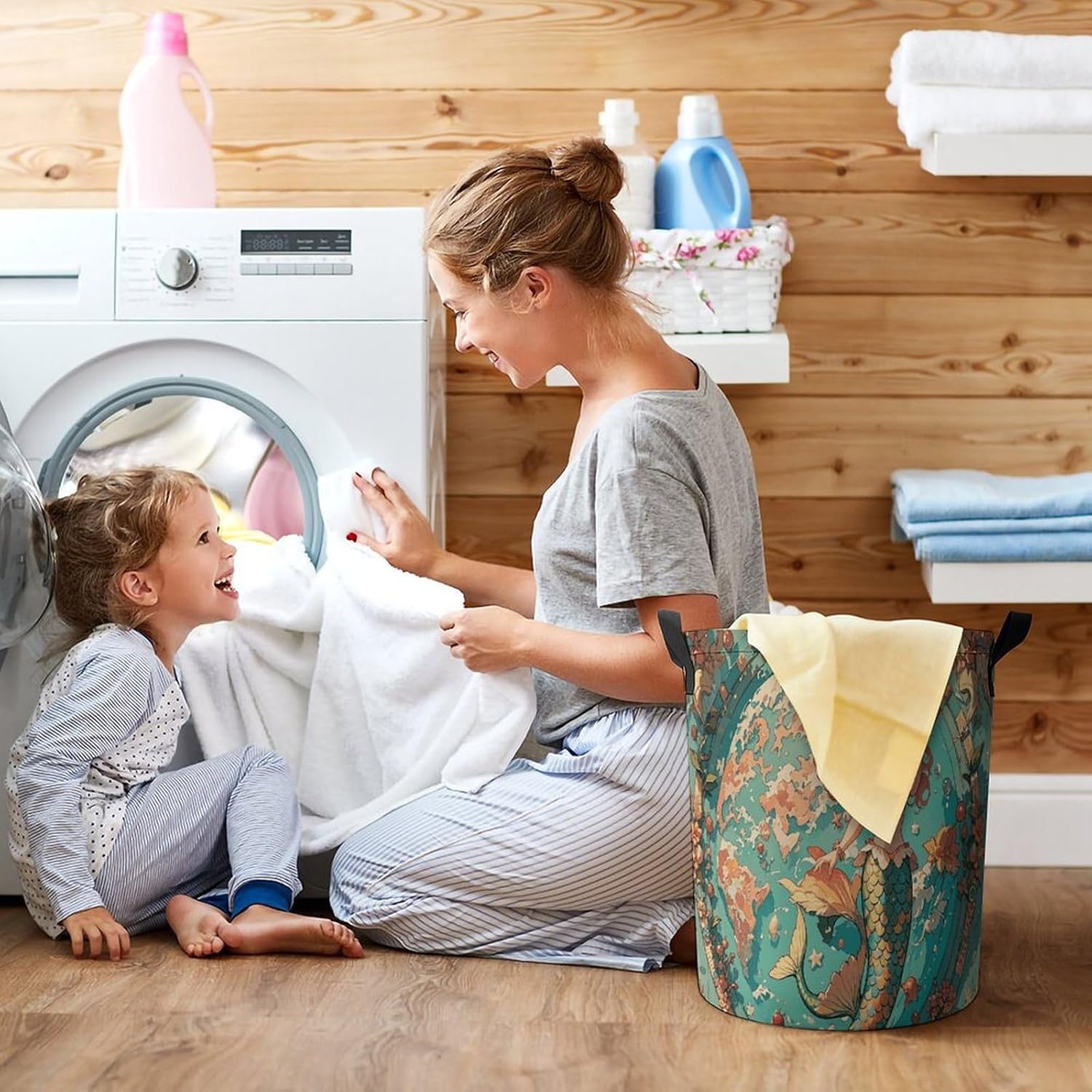 Vintage Outer Banks Map with Mermaids Laundry Bag Round Laundry Basket Collapsible Hamper with Handles Drawstring Closure Waterproof Storage Basket Dirty Clothes Organizer for Bedroom Bathroom Dorm 17