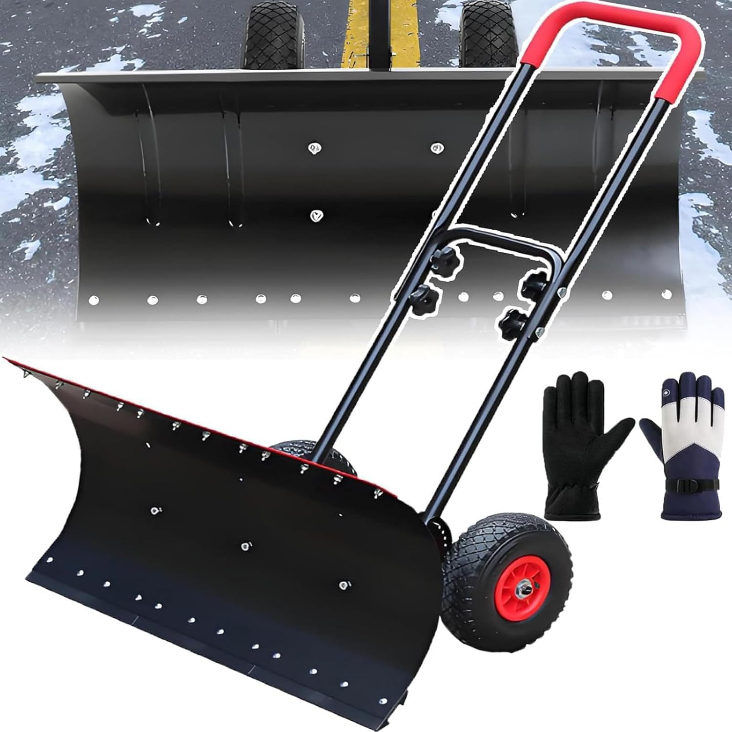 Snow Pusher with ice Shovel Teeth, Large Capacity Snow Shovel, Snow plow with Wheels and Handle, Adjustable Angle and Height