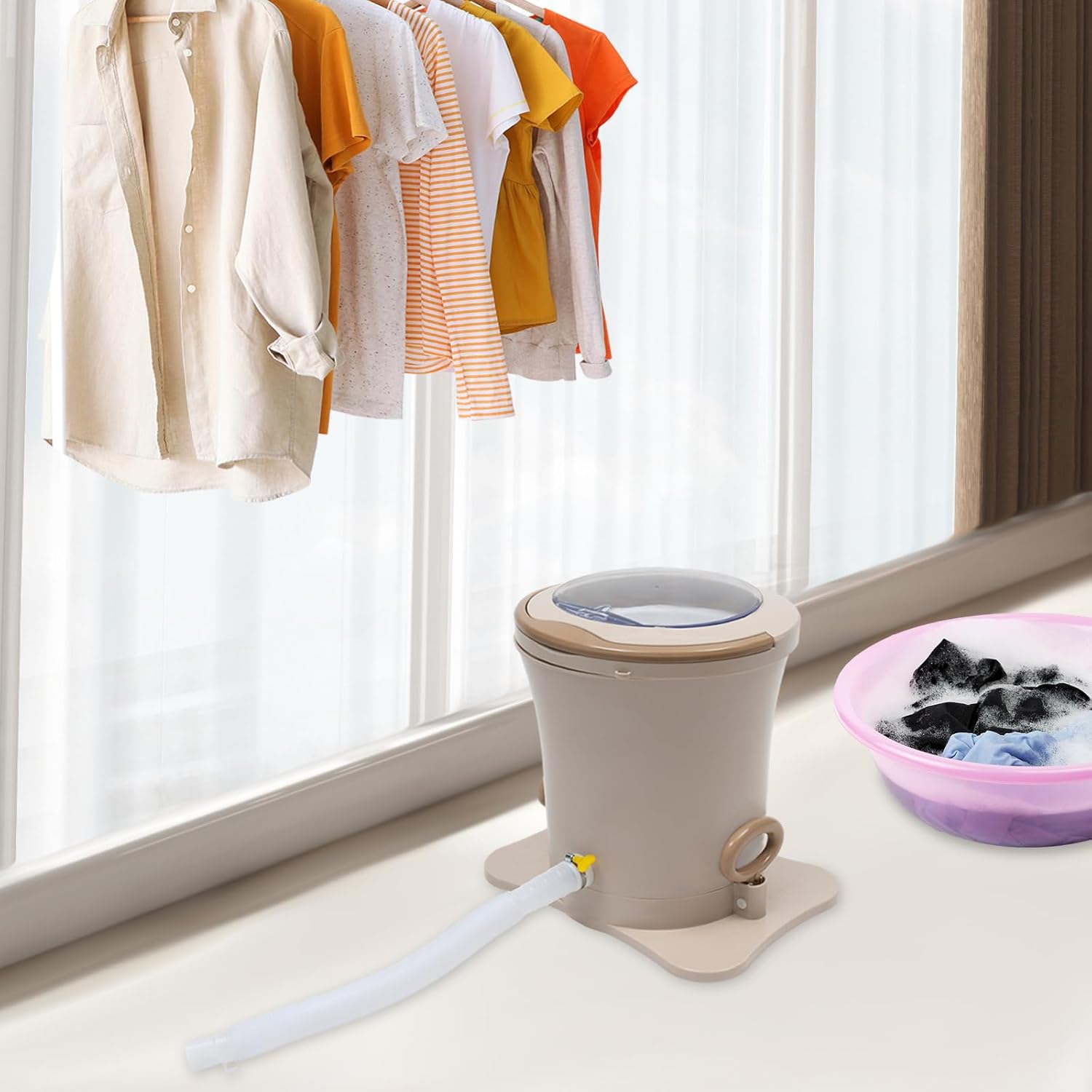 Manual Washing Machine, Portable Foot Operated Non-Electric Dehydrator, Compact Washer Spin Dryer, Manual Draw Cord Dryer for Home, Dorm, Apartment, RV, Travel, Outdoor Use (Light Pink)