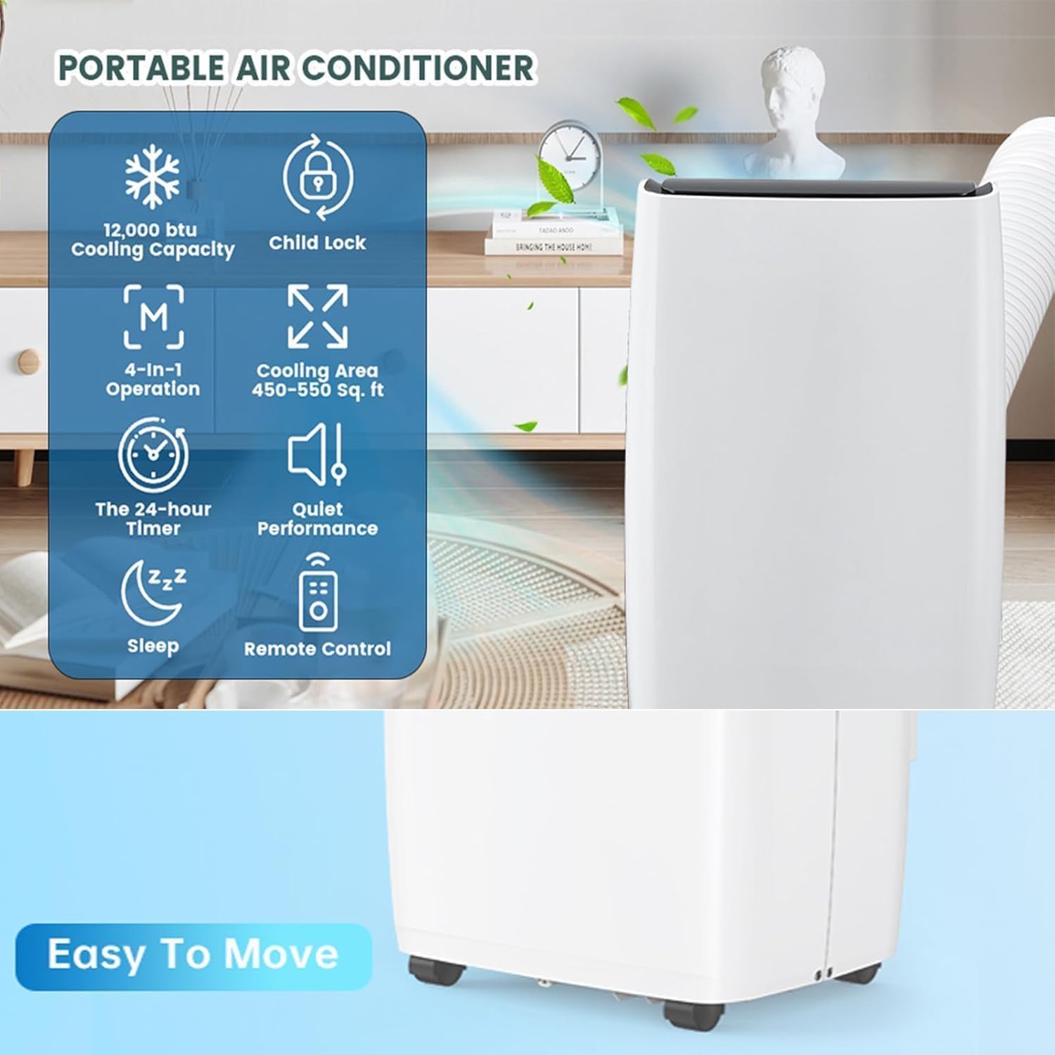 TrailBlaze 12,000 BTU Portable Air Conditioner, 3 IN 1Dehumidifier, Fan Mode,Remote Control up to 700 Sq. Ft, Floor Room AC Unit with Cool,Air Cooler for Bedroom Office Home