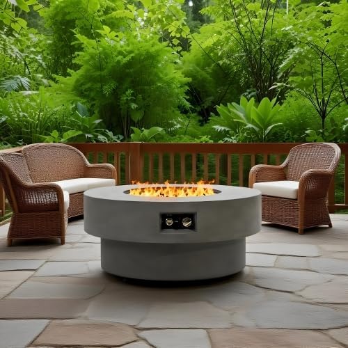 34-inch Round Propane fire Pit Table, 50,000BTU Outdoor firepit Table for Outside Patio w/Round Burner Lid, Glass Rocks, Cover