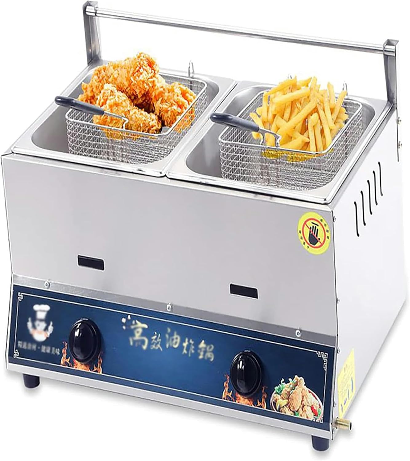 Gas Deep Fryer 20L Commercial Lpg Gas Fryer Stainless Steel Countertop, Stainless Steel Outdoor Cooker, Chicken Chips Fryer for French Fries Restaurant Kitchen,with 1 Bas,with 2 Baskets
