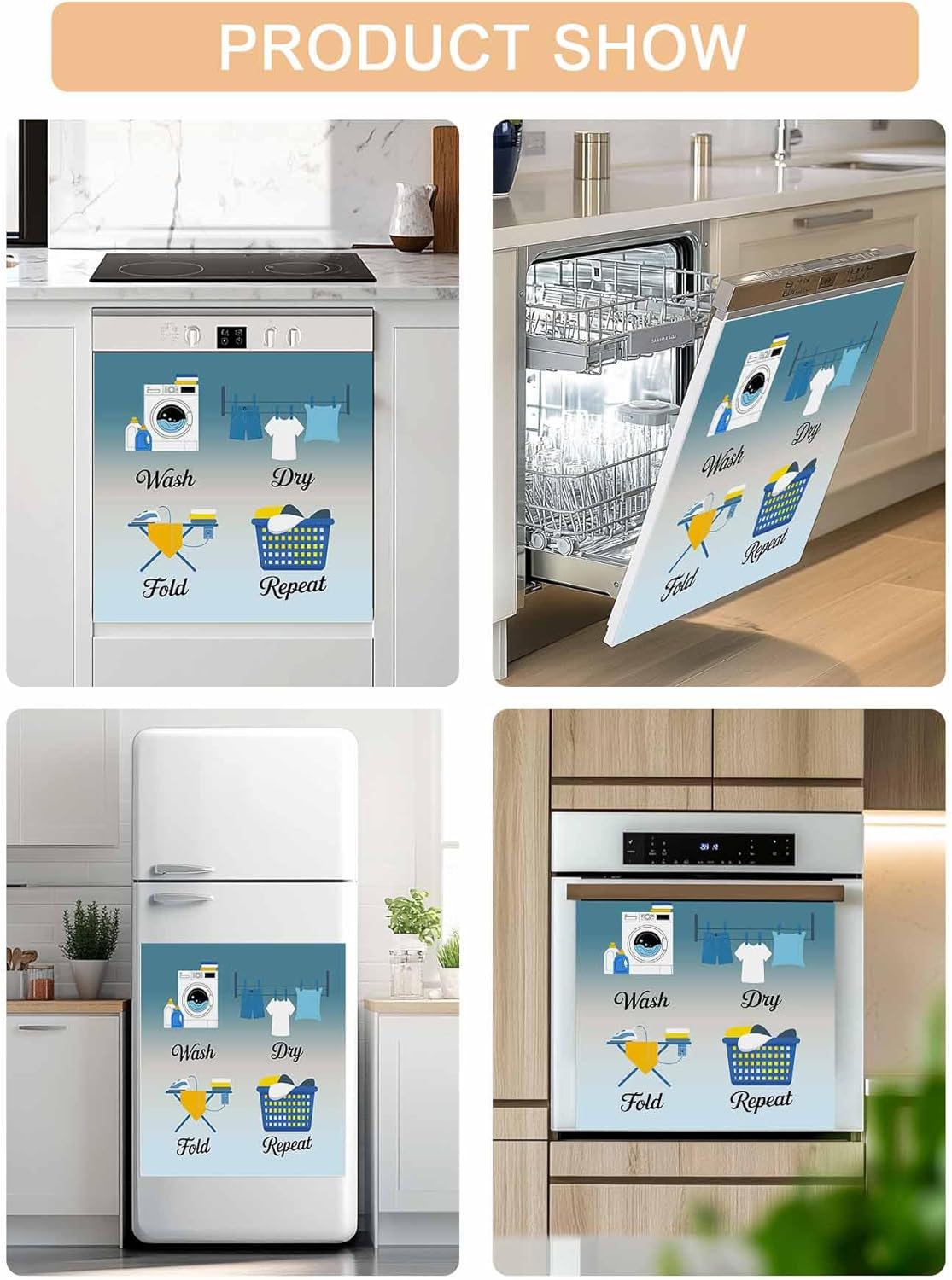 Blue Ombre Laundry Dishwasher Magnet Cover, Wash Dry Fold Repeat Refrigerator Magnets Covers for The Front Door, Reusable Dishwasher Panel Fridge Decal Cover for Home Appliance Decor 23''x26''