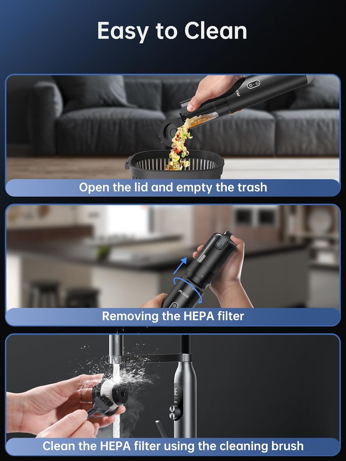 ruwa Car Vacuum Cleaner Handheld Vacuum Cordless, Rechargeable 14,000PA High-Power with 2 Speeds, 300ml Dust Cup, Lightweight, Portable Mini Vacuum for Car, Home, Pet Hair (Black)