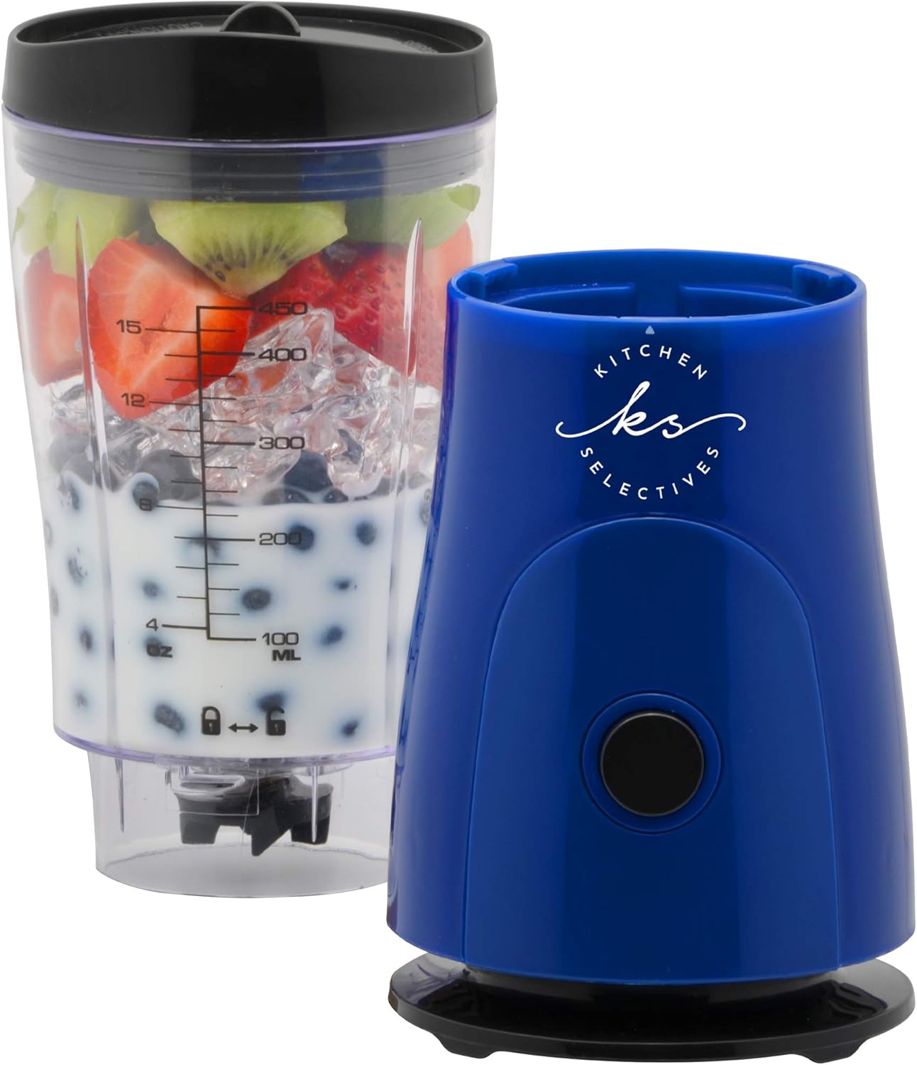 Kitchen Selectives 14-Ounce Mini Blender Color Series - Personal, Portable Blender for Fruit Smoothies & More - With Powerful Stainless Steel Blade & Drink Lid - Cobalt Blue