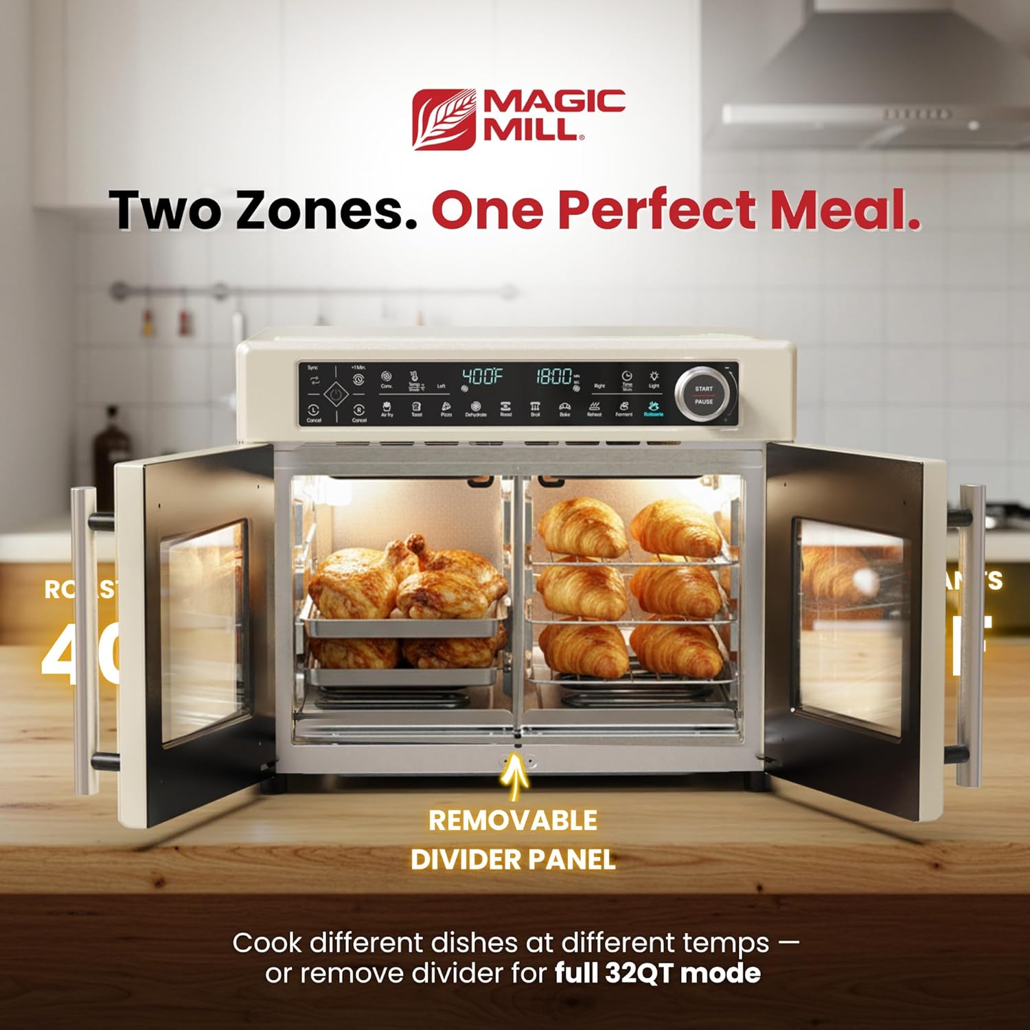 Magic Mill Ultra-Premium Dual-Zone Stainless Steel Air Fryer Toaster Oven Combo, Extra Large 32QT French Door Convection Oven with Next-Gen Patent Technology, 13 Accessories, Rotisserie, Sync Finish