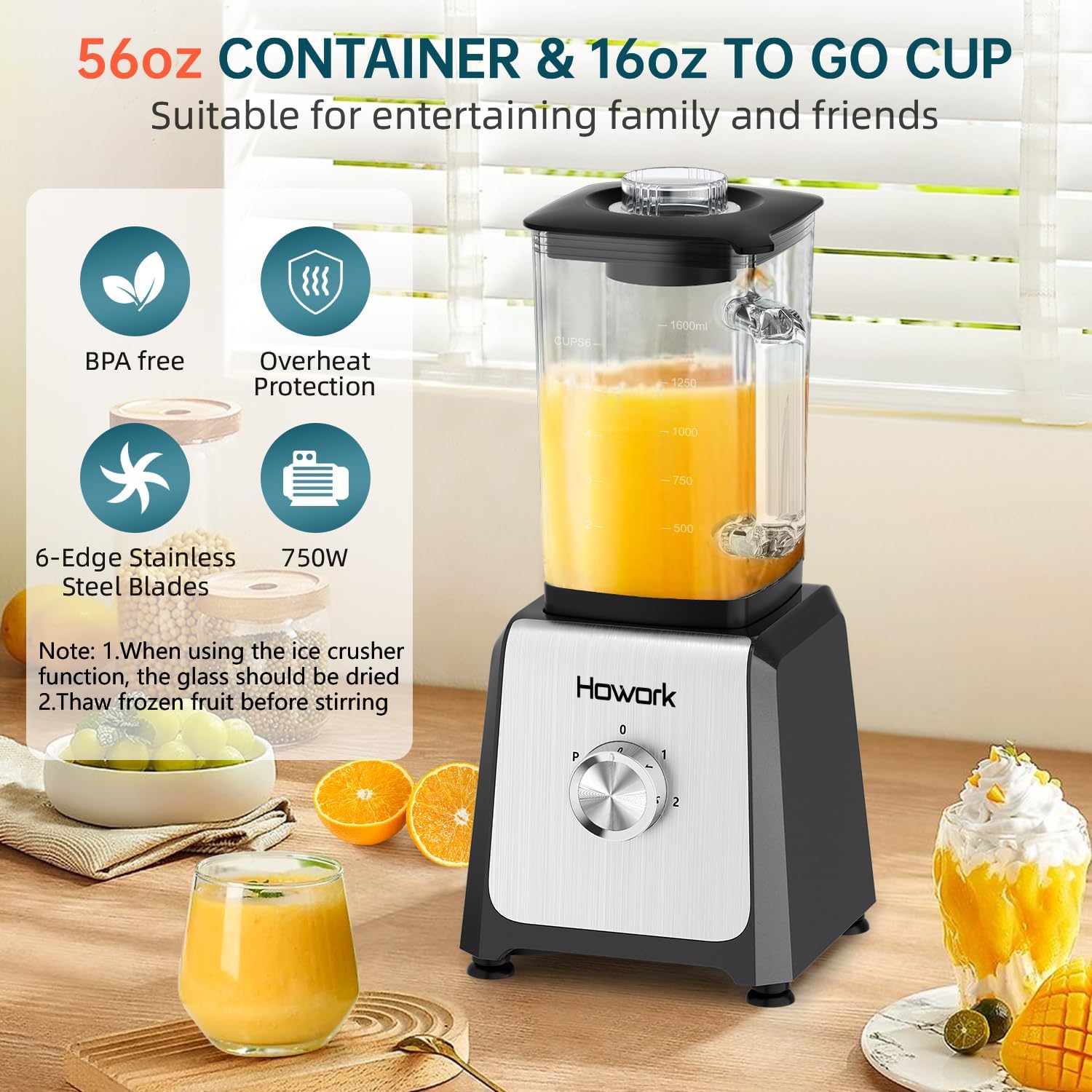 HOWORK Blender for Smoothies, 750W Personal Blender, 56 Oz Glass Jar, 16oz Portable Cups,2+P speed, 3 Functions for Smoothies, Frozen Drinks & Ice Cream,Grey