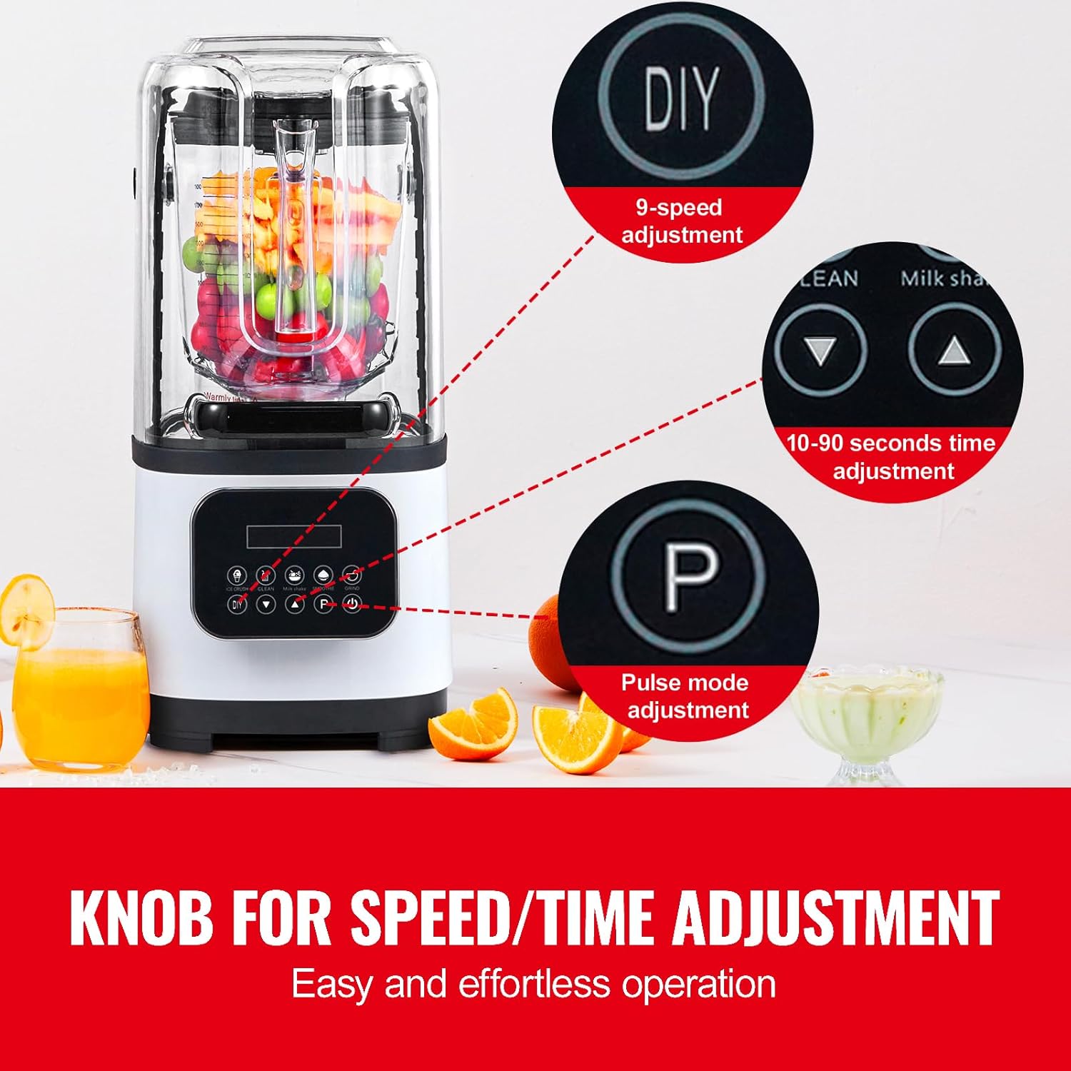 Happybuy Professional Blender with Shield, Commercial Countertop Blender, 68oz Plastic Jar, Stainless Steel, 9 Speed & 5 Functions for Shakes, Smoothies, Puree & Ice Crushing ，White