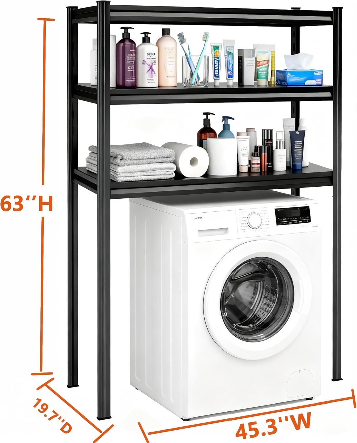 Height-Adjustable Bathroom & Laundry Storage Shelf, 3-Tier Metal Organizer Rack for Washer Dryer, Sturdy Shelving Unit for Bathroom Essentials, 63 x 45.3 x 19.7 Inches