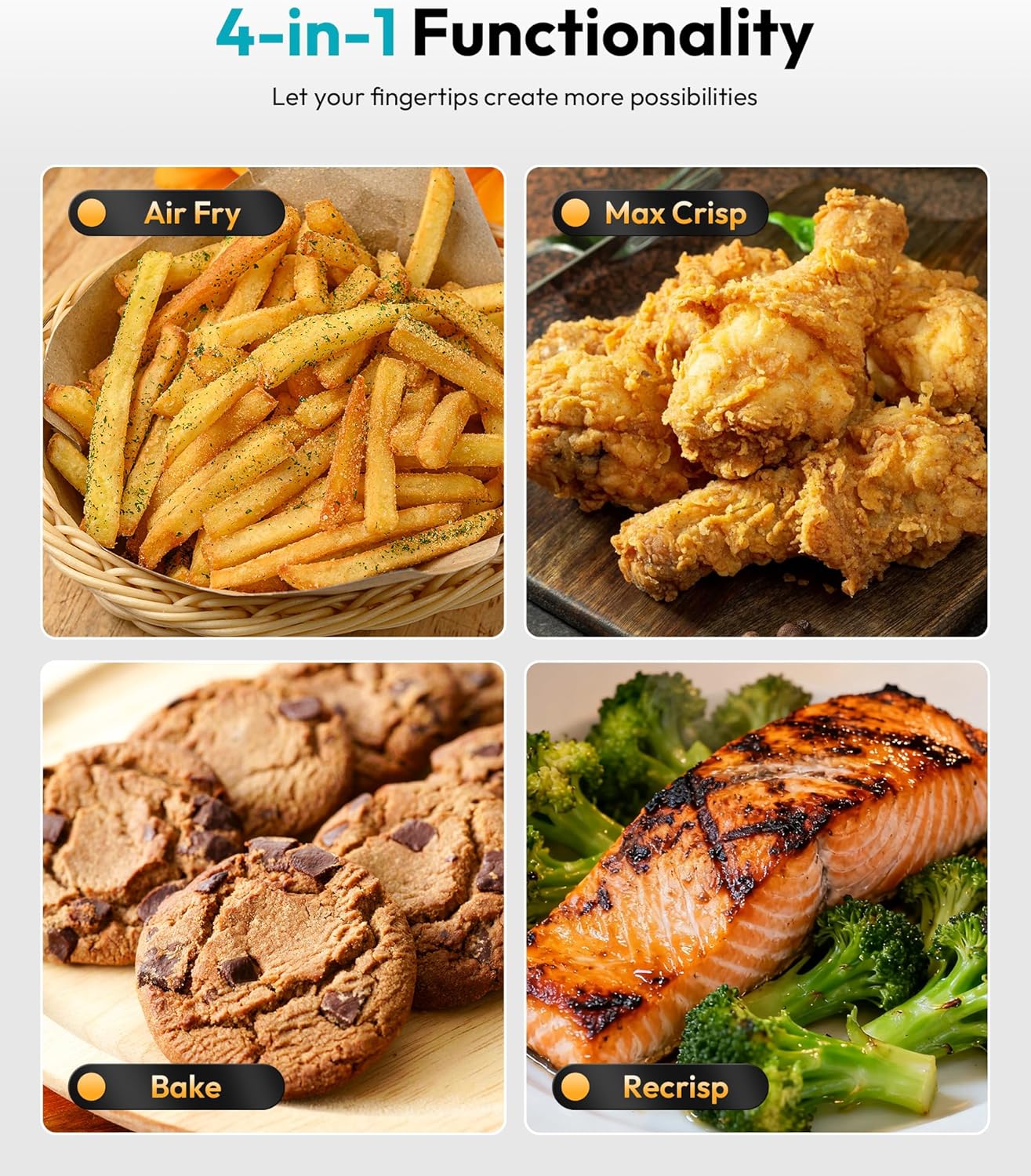 Portable Glass Air Fryer - 1500W, 4.2 QT & 6-Cup Dual Glass Containers with Lids, 4-in-1, 60 Min Timer, 140°F-400°F Adjustable, Microwave, Freezer & Dishwasher Safe, Grey