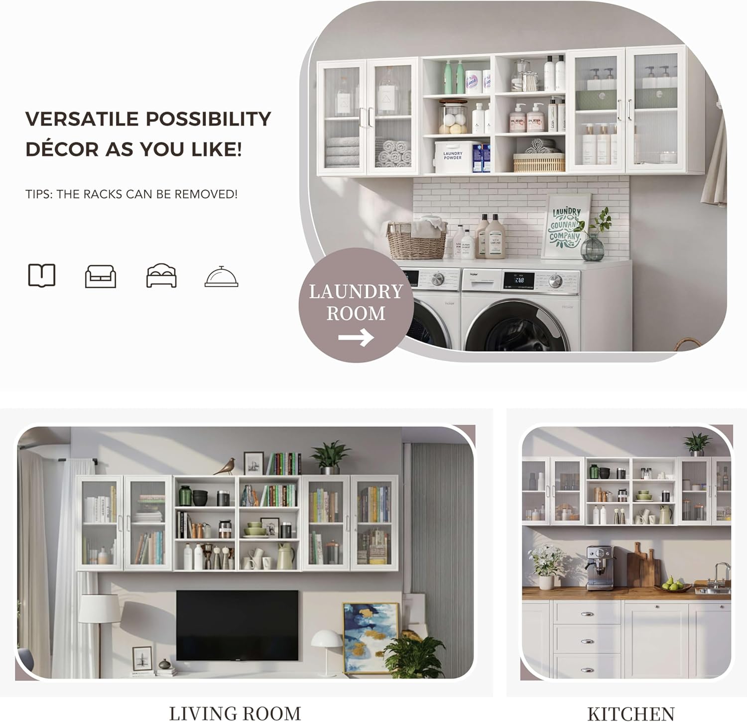 FIMELLO 78.6''W X 11''D X 23.6''H Laundry Room Cabinets Shelves Set, Acrylic Door, Adjustable Shelf, Kitchen Floating Wall Cabinets, Hanging Wall Cabinets for Laundry Room, White