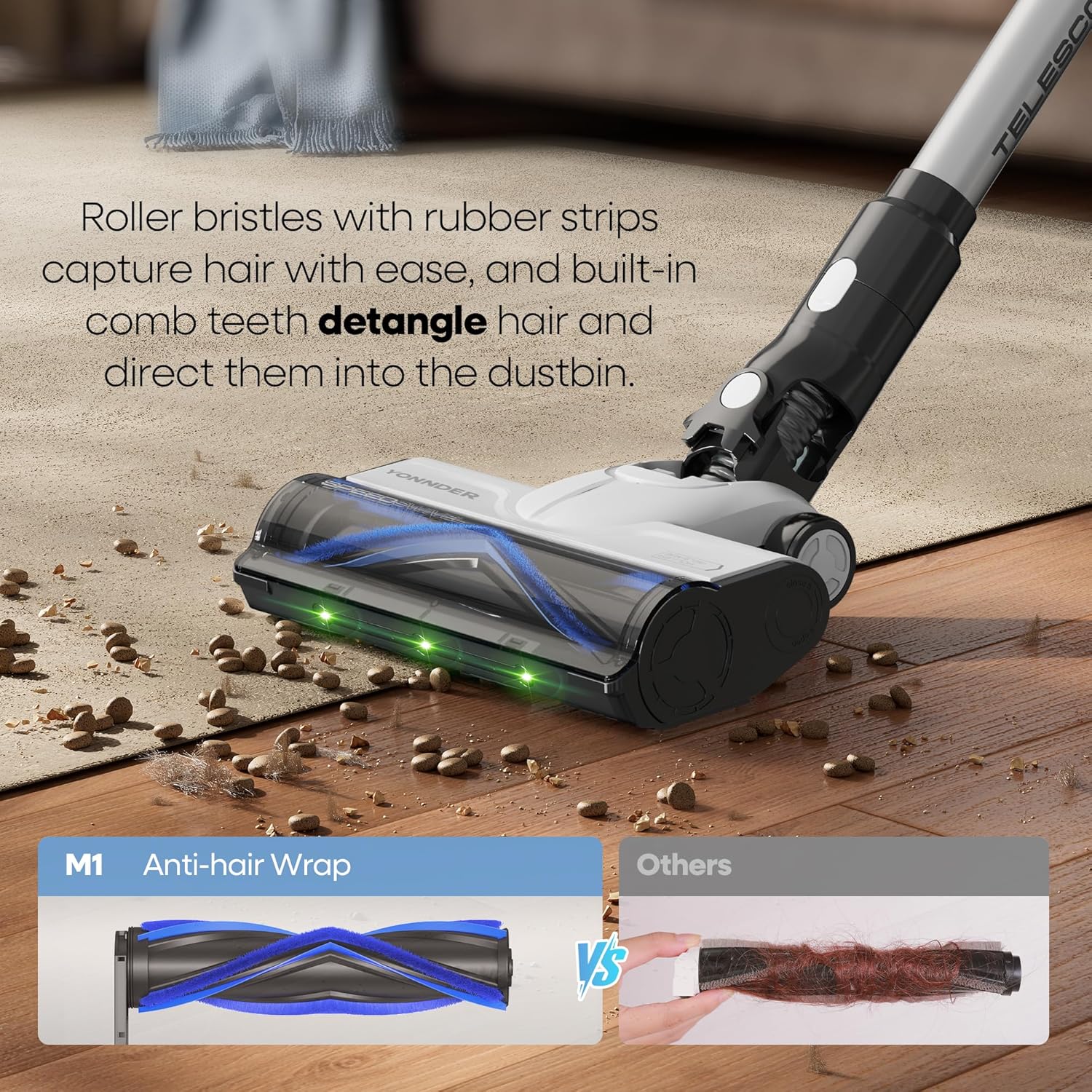 YONNDER Cordless Vacuum Cleaner, 50KPA/550W/70Mins Powerful Stick Vacuum for Home, Anti-Tangle, Self-Standing, Lightweight, Charging Dock, Vacuum Cleaner for Hardwood Floor/Carpet/Pet Hair/Car, M1