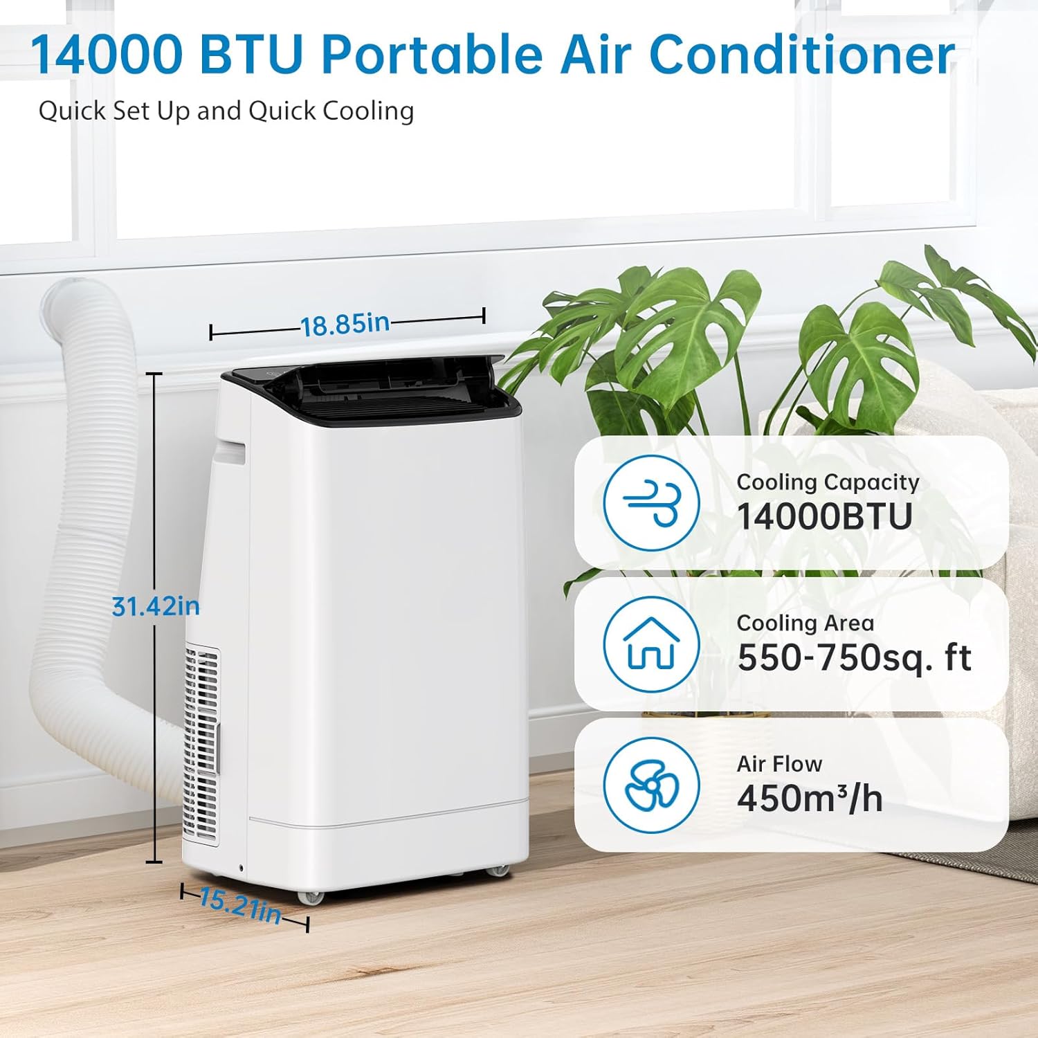 14000 BTU Portable Air Conditioner Cooling Up to 750 Sq.Ft, 3-In-1 Functionality (Cool/Fan/Dehumidify), Portable AC With Wheels, Remote Control, 24 Hour Timer, Fan & Dehumidifier