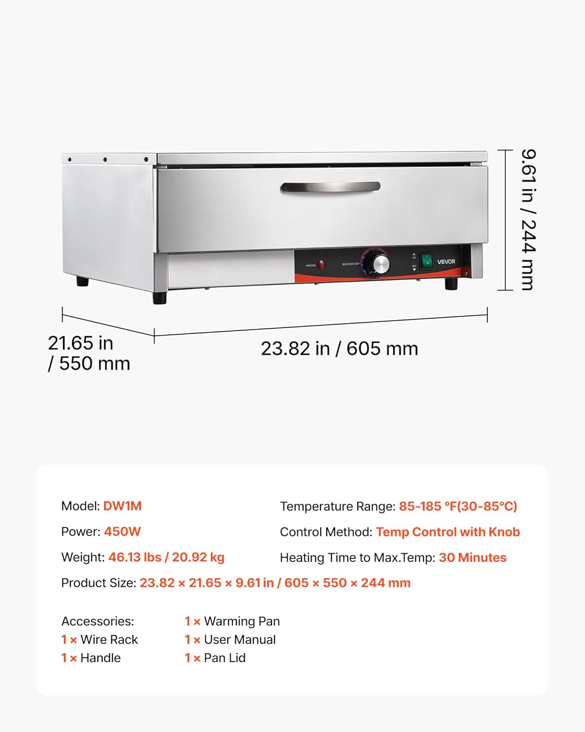 VEVOR Commercial Electric Drawer Warmer, Single-Drawer Stainless Steel Food Warmer, Freestanding Compact Warming Drawer Cabinet, 85°F–185°F Wide Temperature Range, for Restaurant, Hotel & Bakery