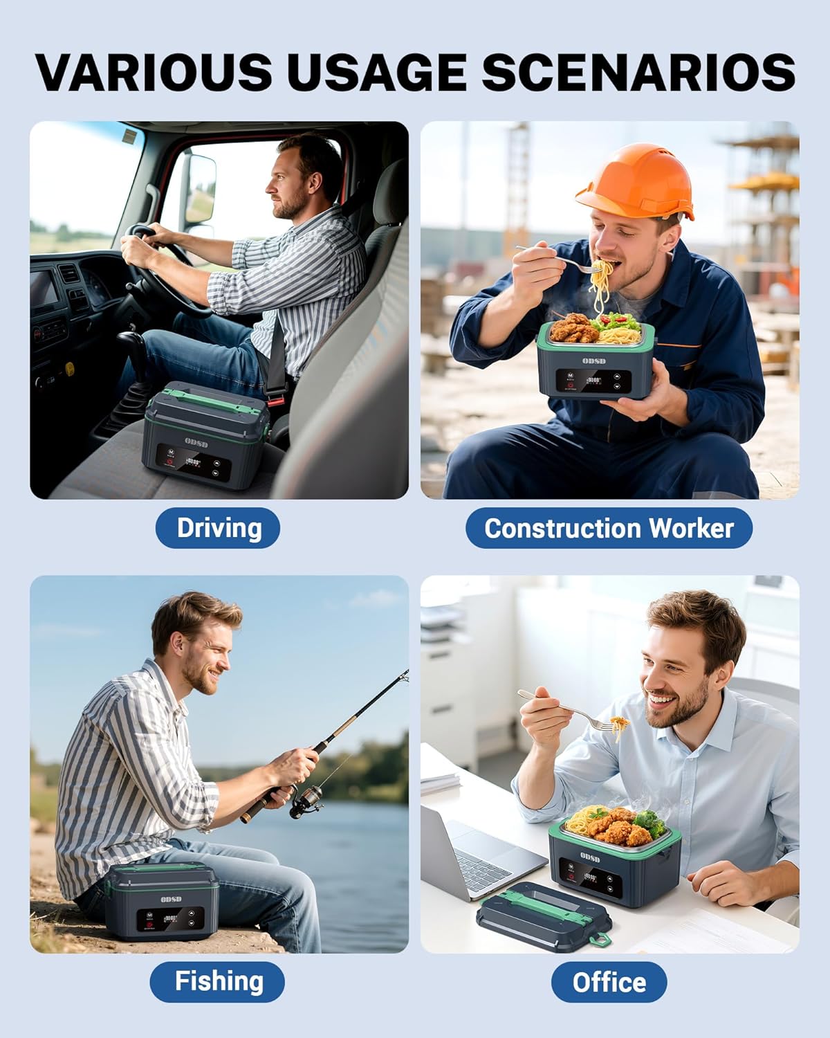 ODSD Cordless Electric Lunch Box for Adults, Heated Lunch Box with 130min Battery Life, Self-Heating Portable Electric Food Warmer with 1.2L Container for Truck, Office, or Outdoor Worksite