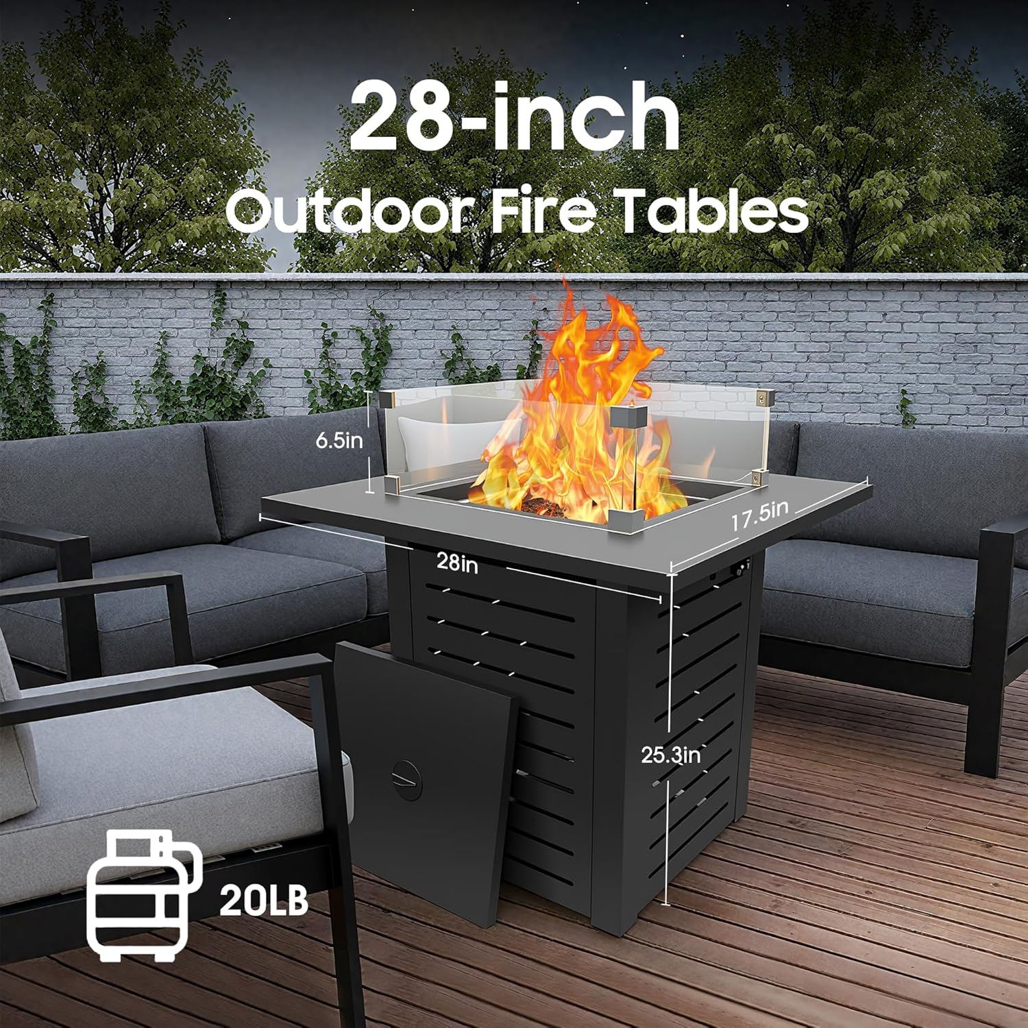 28 Inch Outdoor Propane Gas Fire Pit,50,000 BTU Gas Firepit Table with Steel Lid,304 Stainless Steel H-Burner,Lava Rocks and Wind Guard,Fire Pits for Outside Patio Deck Garden,Black